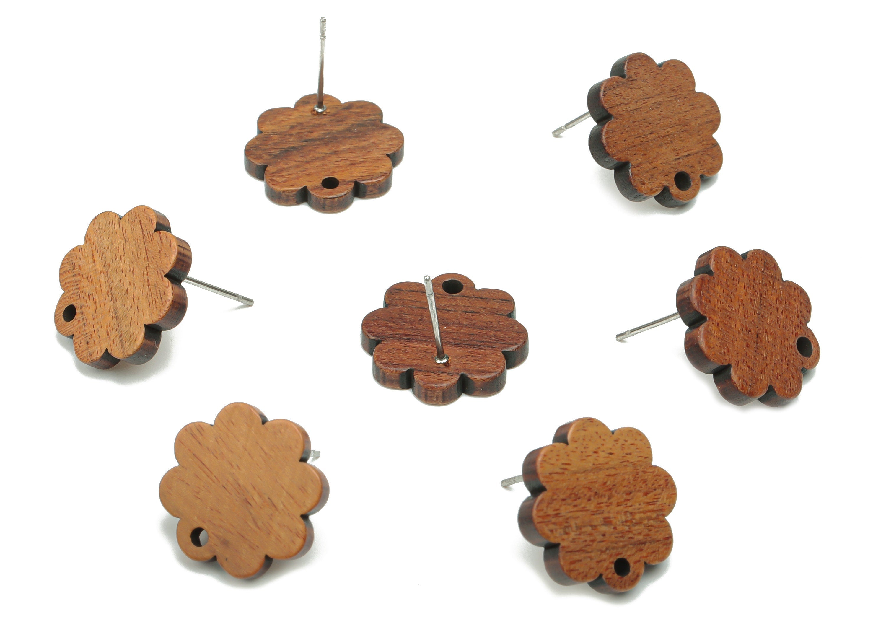 Walnut Wood Flower Earring Stud - Walnut Wood Flower Post - 316 Surgical Stainless Steel - Jewelry Supplies - 16.61x16.61x2.52mm - BB1241 - DOMEDBAZAAR