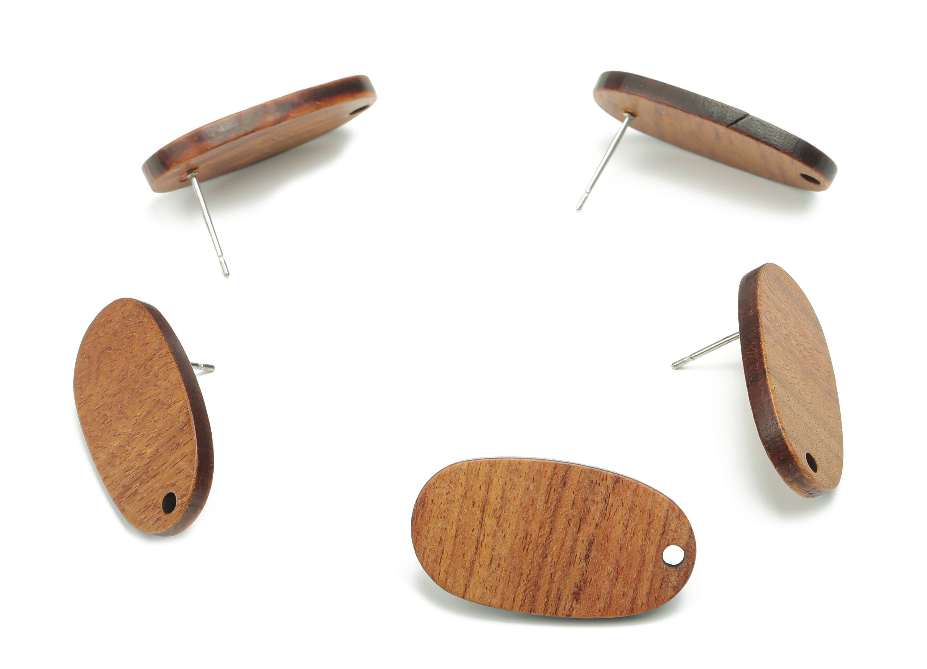 Walnut Wood Long Oval Earring Stud - Walnut Wood Oval Post - 316 Surgical Stainless Steel - Jewelry Supplies - 27.03x14.89x2.6mm - BB1233 - DOMEDBAZAAR