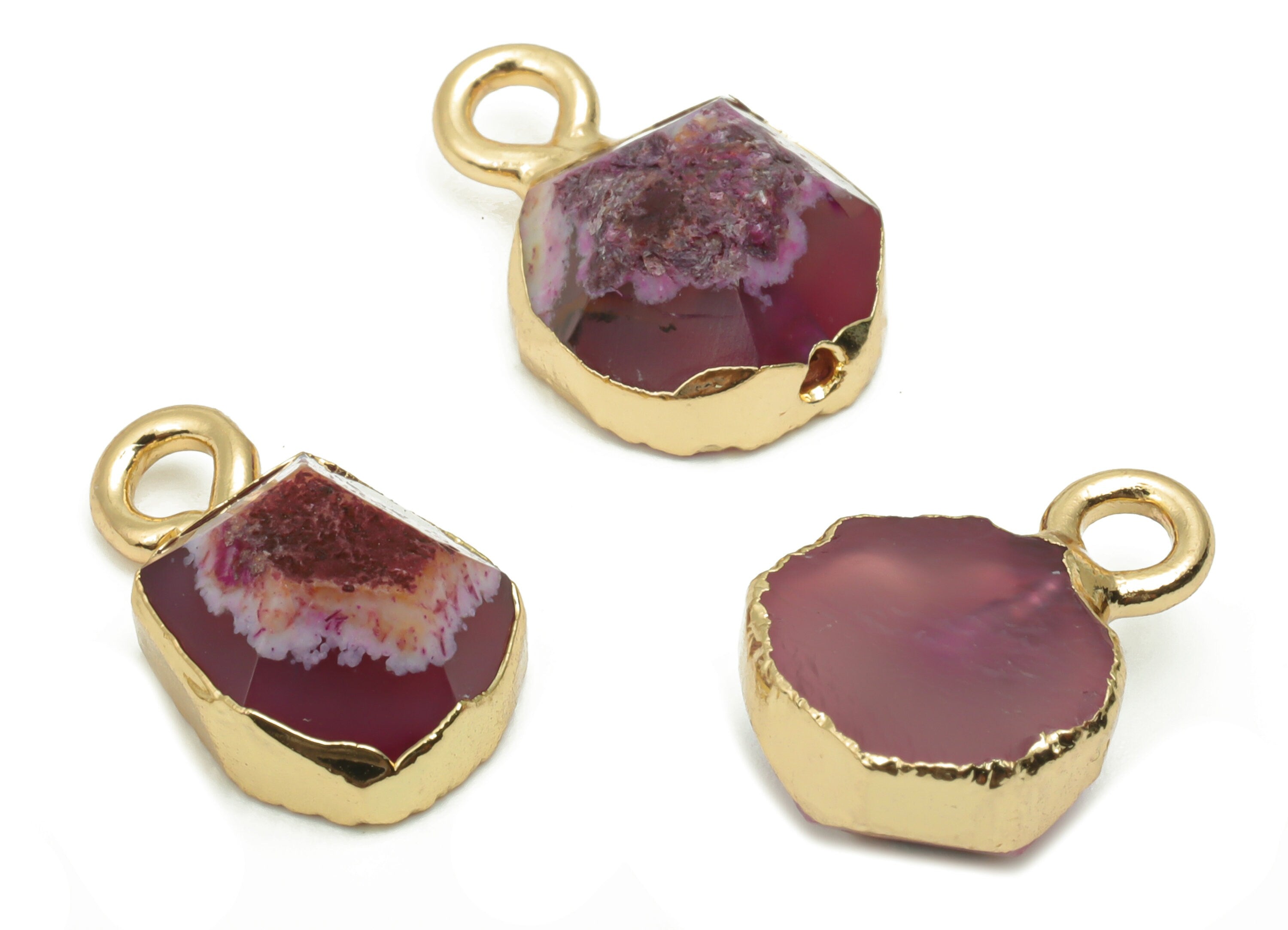Purple Agate Crystal Earring Charms - Iron Hexagon Pendant - Faceted Natural Stone - Gold Tone Plated Iron – 16.54x11.04x5.57mm – NS1769 - DOMEDBAZAAR