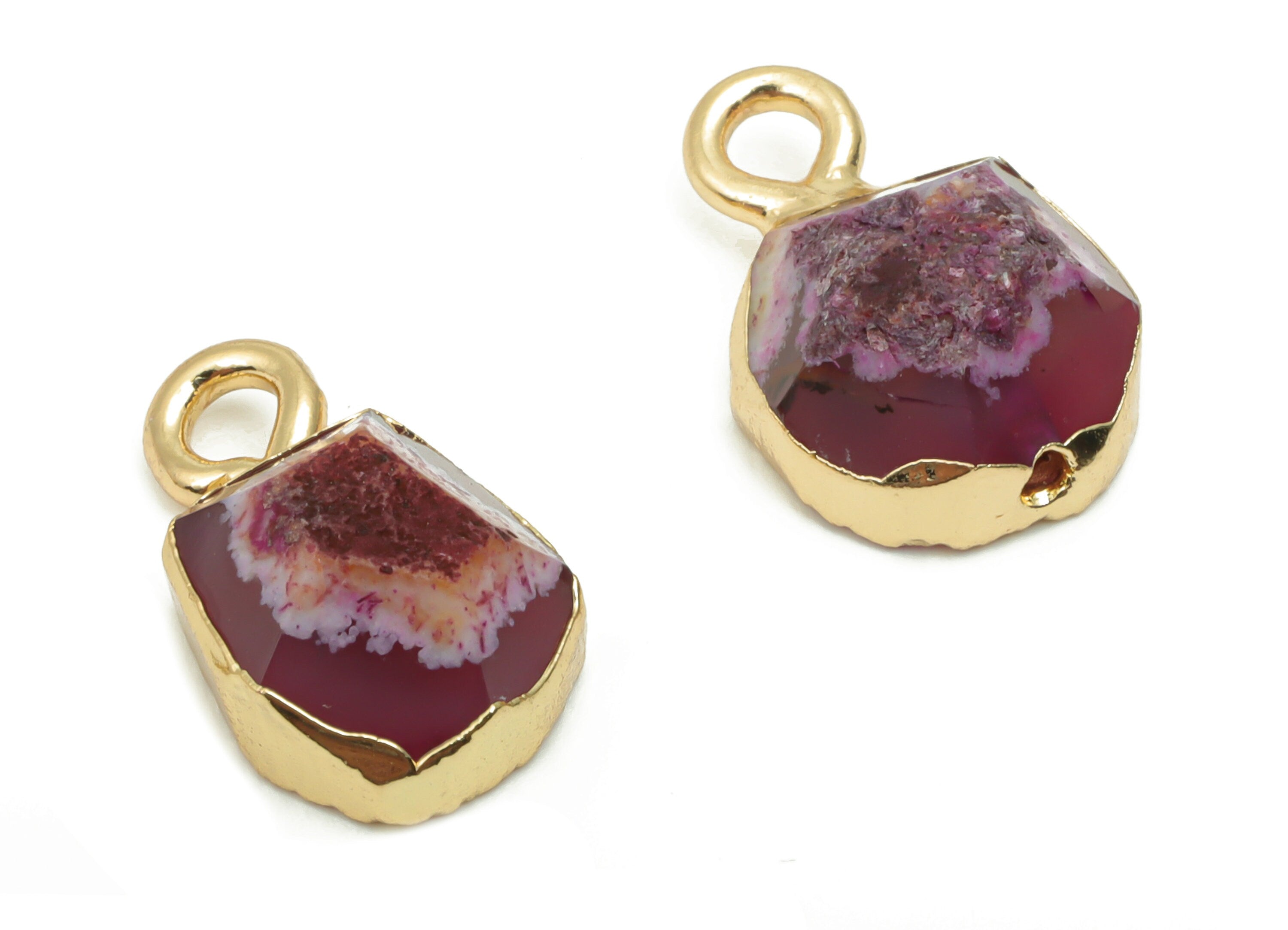 Purple Agate Crystal Earring Charms - Iron Hexagon Pendant - Faceted Natural Stone - Gold Tone Plated Iron – 16.54x11.04x5.57mm – NS1769 - DOMEDBAZAAR