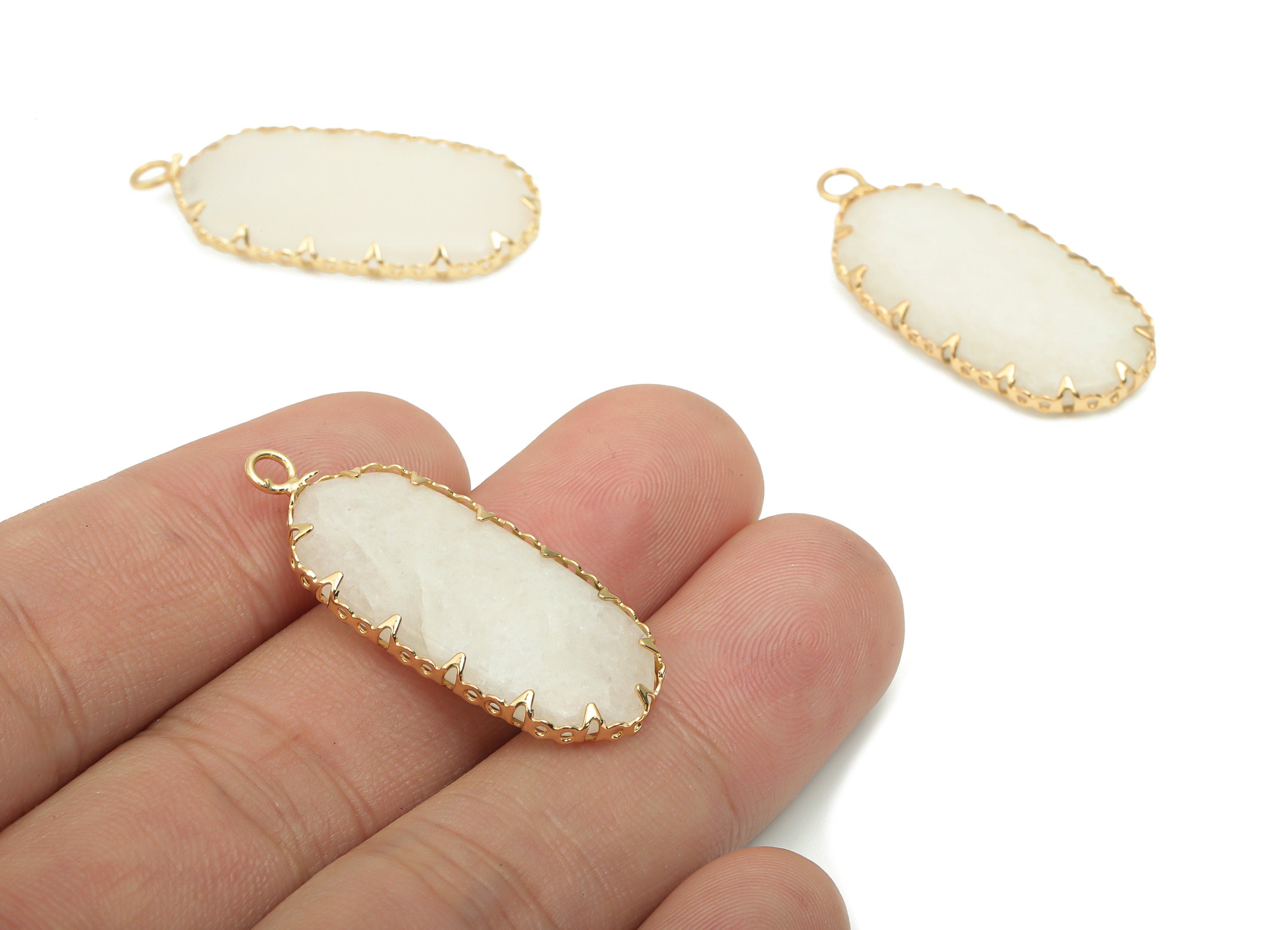 White Jade Long Oval Earring Charms - Brass Oval Pendant - Natural Stone - Gold Tone Plated Brass – 34.73x15.62x3.93mm – NS1771 - DOMEDBAZAAR