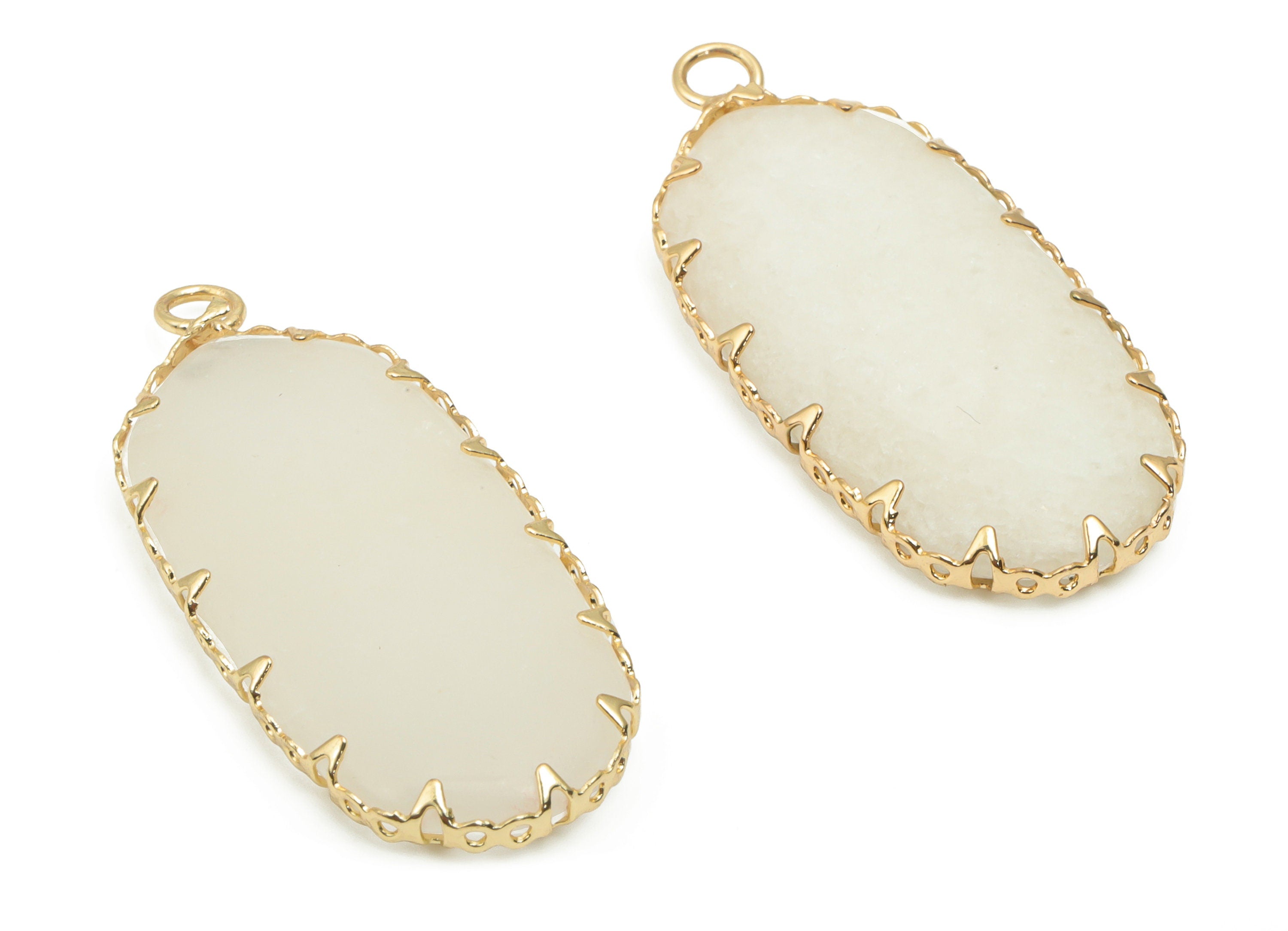 White Jade Long Oval Earring Charms - Brass Oval Pendant - Natural Stone - Gold Tone Plated Brass – 34.73x15.62x3.93mm – NS1771 - DOMEDBAZAAR