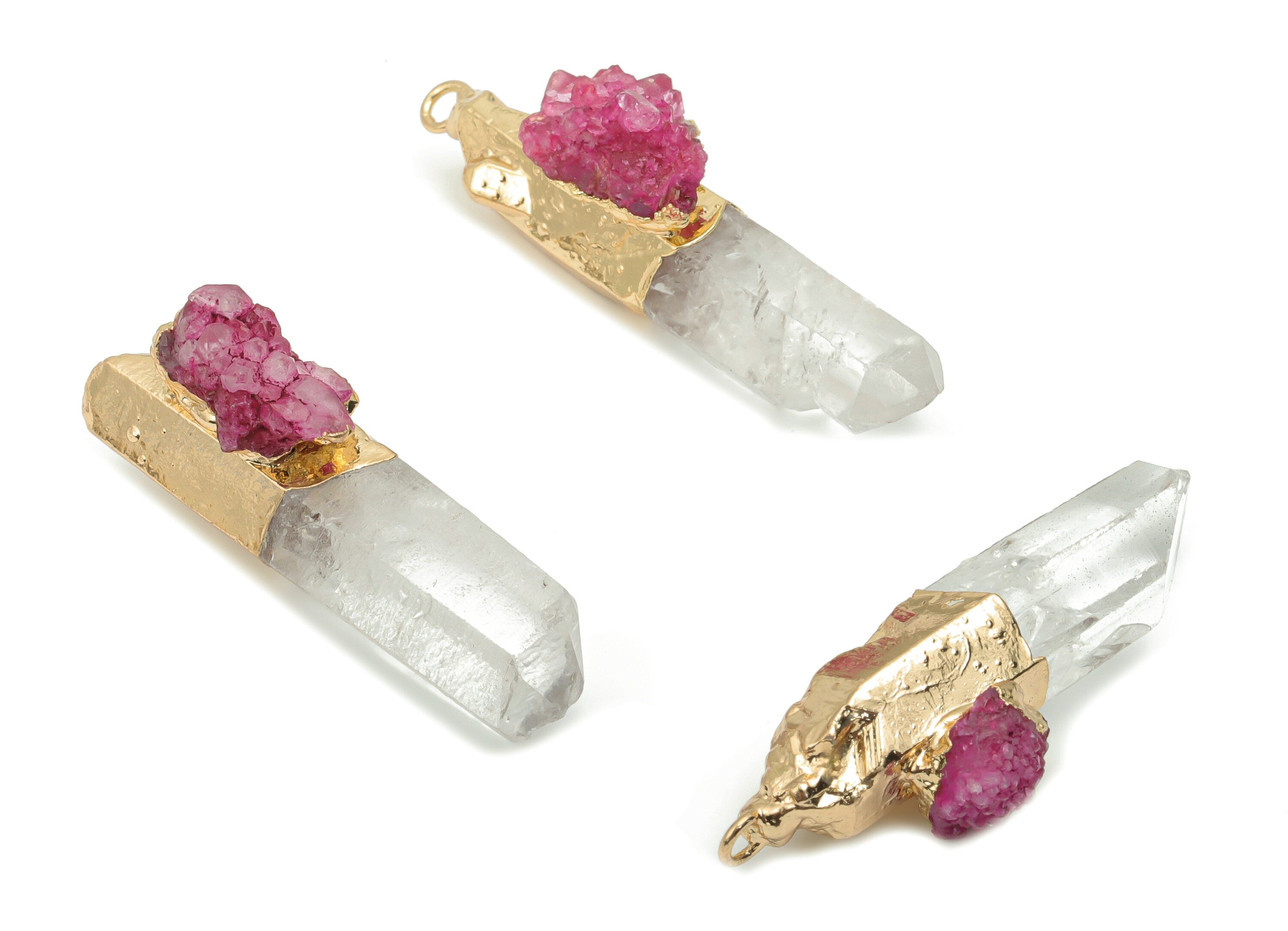 Clear Quartz Purple Quartz Bar - White Crystal Iron Stick Stone Charms - Natural Stone - Gold Tone Plated Iron – 43.9x11.3x15.9mm – NS1770A - DOMEDBAZAAR