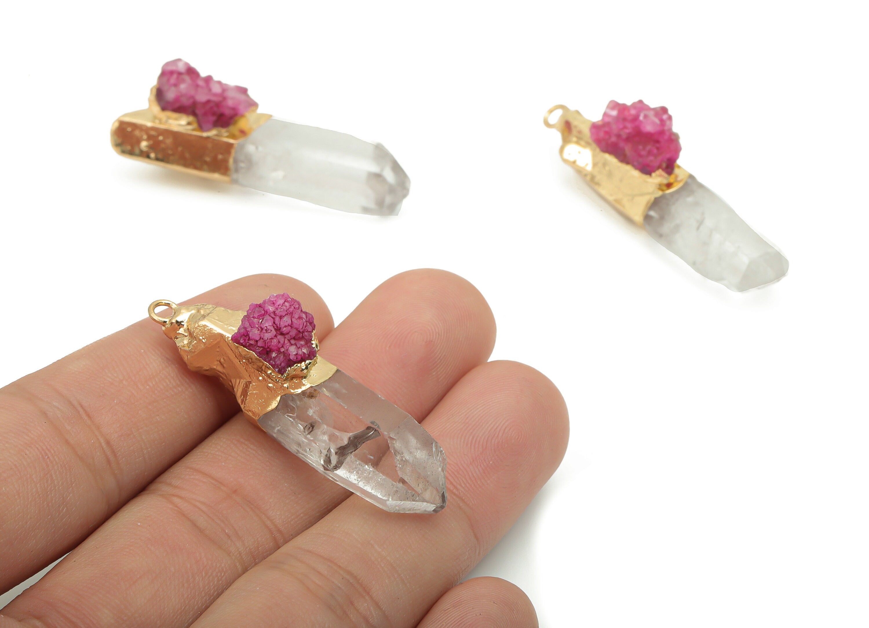 Clear Quartz Purple Quartz Bar - White Crystal Iron Stick Stone Charms - Natural Stone - Gold Tone Plated Iron – 43.9x11.3x15.9mm – NS1770A - DOMEDBAZAAR