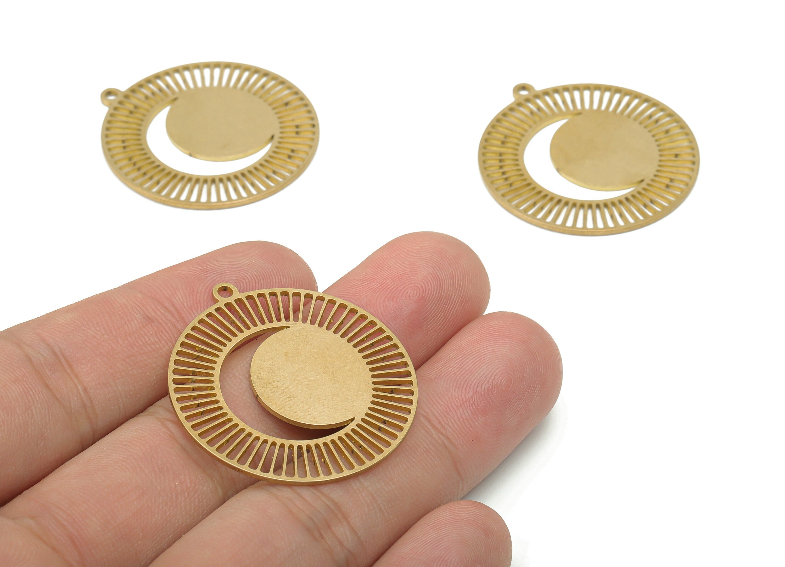 Brass Sun Crescent Earring Charms - Raw Brass Moon Sun Pendant - DIY Jewelry Making Supplies - 35.63x33x0.85mm - PPA3629 - DOMEDBAZAAR