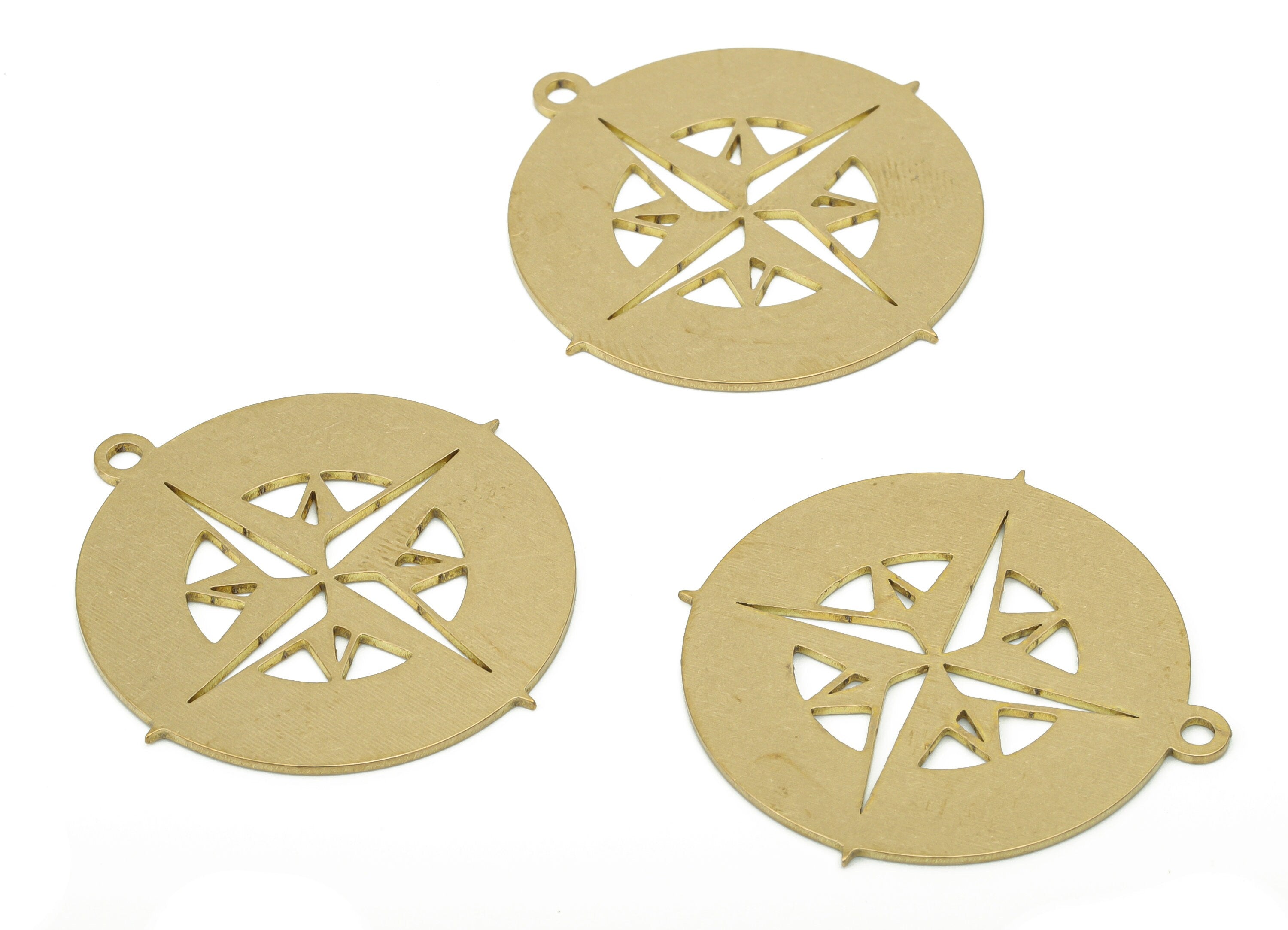 Brass Round Map Compass Earring Charms - Raw Brass Star Circle Pendant - DIY Jewelry Making Supplies - 34.53x32.83x0.75mm - PPA3602 - DOMEDBAZAAR