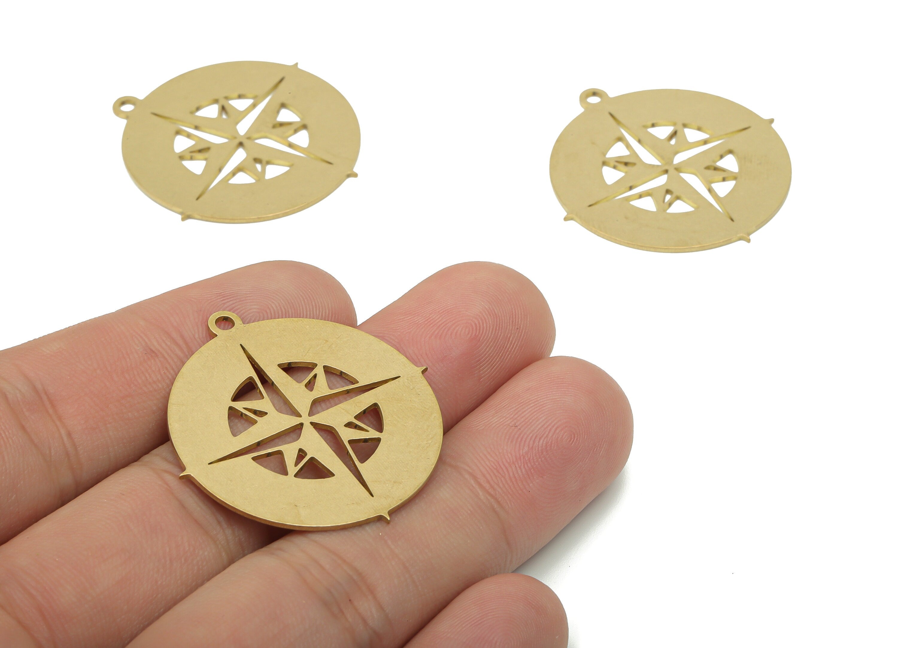 Brass Round Map Compass Earring Charms - Raw Brass Star Circle Pendant - DIY Jewelry Making Supplies - 34.53x32.83x0.75mm - PPA3602 - DOMEDBAZAAR