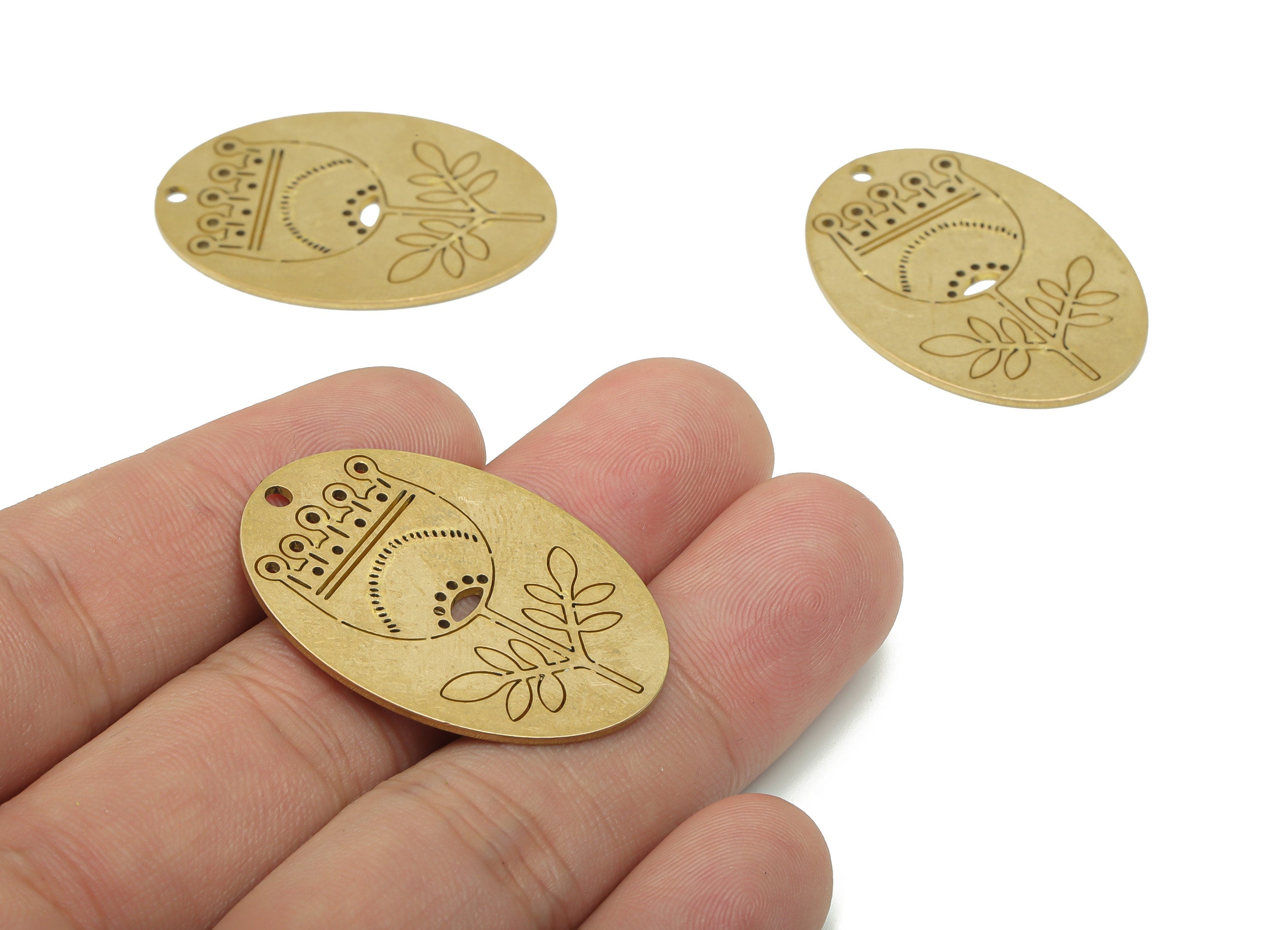 Brass Long Oval Crown Flower Earring Charms - Raw Brass Leaves Oval Pendant - Jewelry Making Supplies - 35.86x25.43x0.85mm - PPA3601 - DOMEDBAZAAR