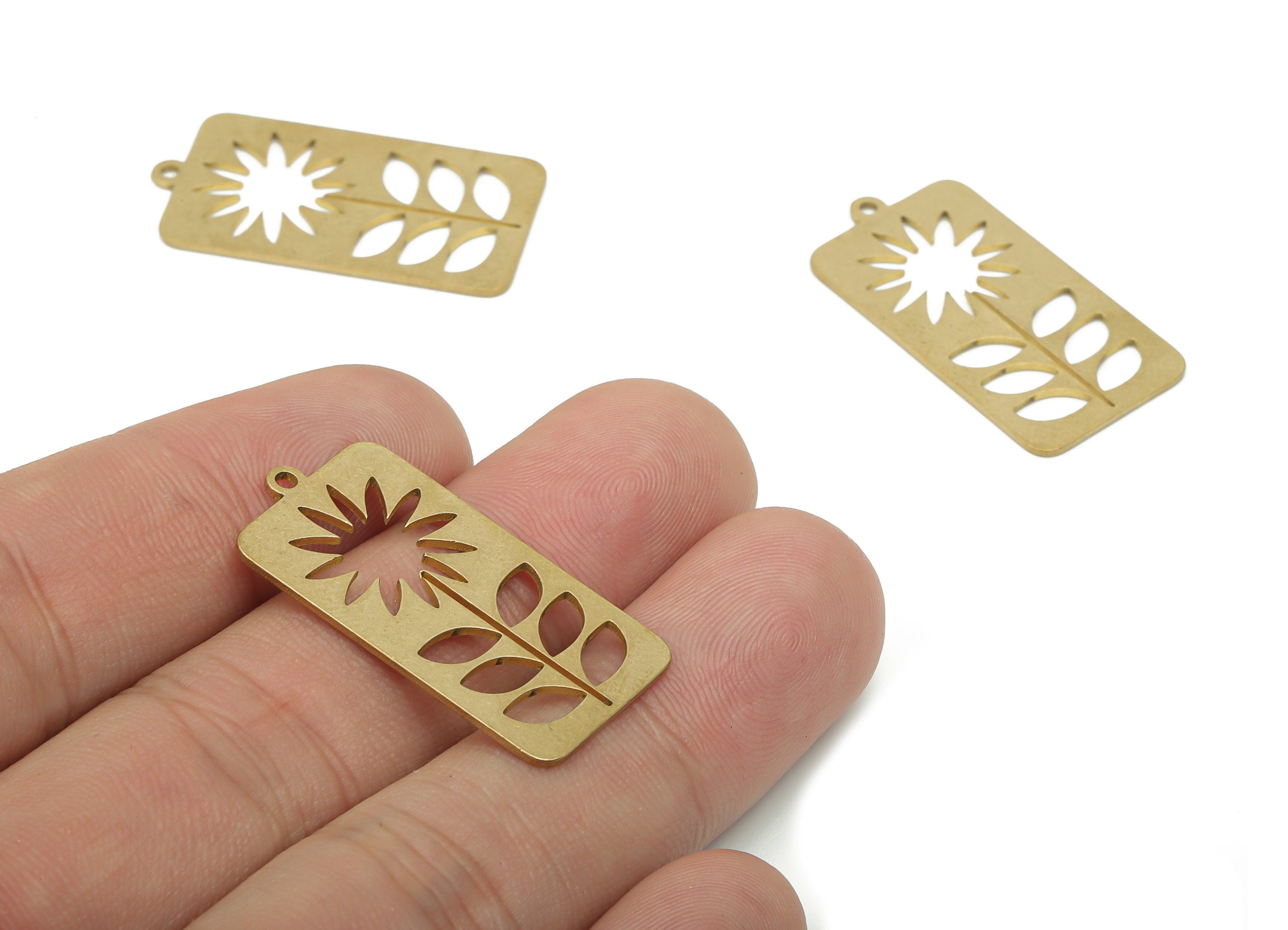 Brass Rectangle Sun Leaves Earring Charms - Raw Brass Flower Rectangle Pendant - DIY Jewelry Making Supplies - 31.89x16.5x0.73mm - PPA3421 - DOMEDBAZAAR