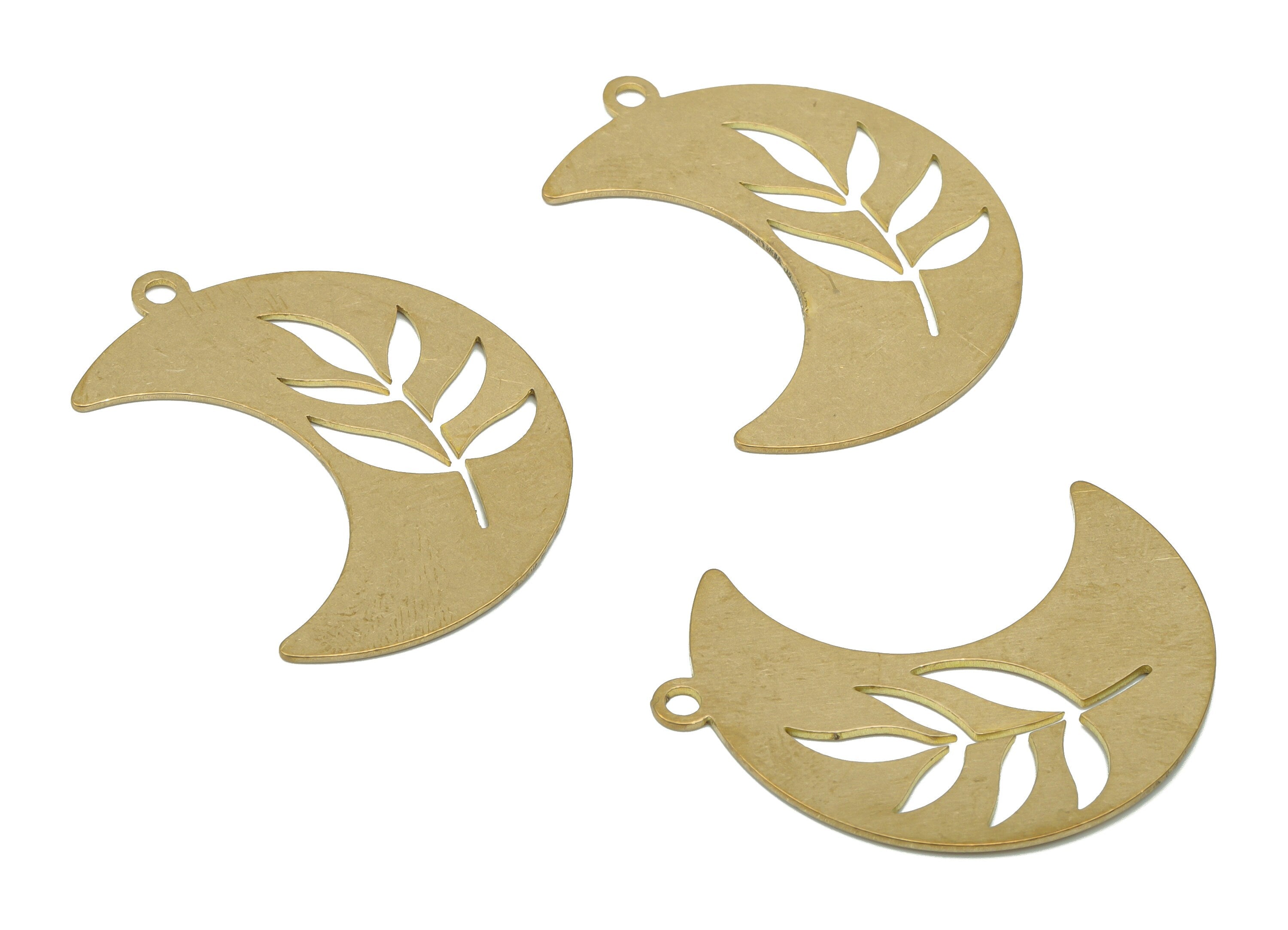 Brass Crescent Leaves Earring Charms - Raw Brass Moon Leaf Pendant - DIY Jewelry Making Supplies - 36.02x26.76x0.62mm - PPA3524 - DOMEDBAZAAR