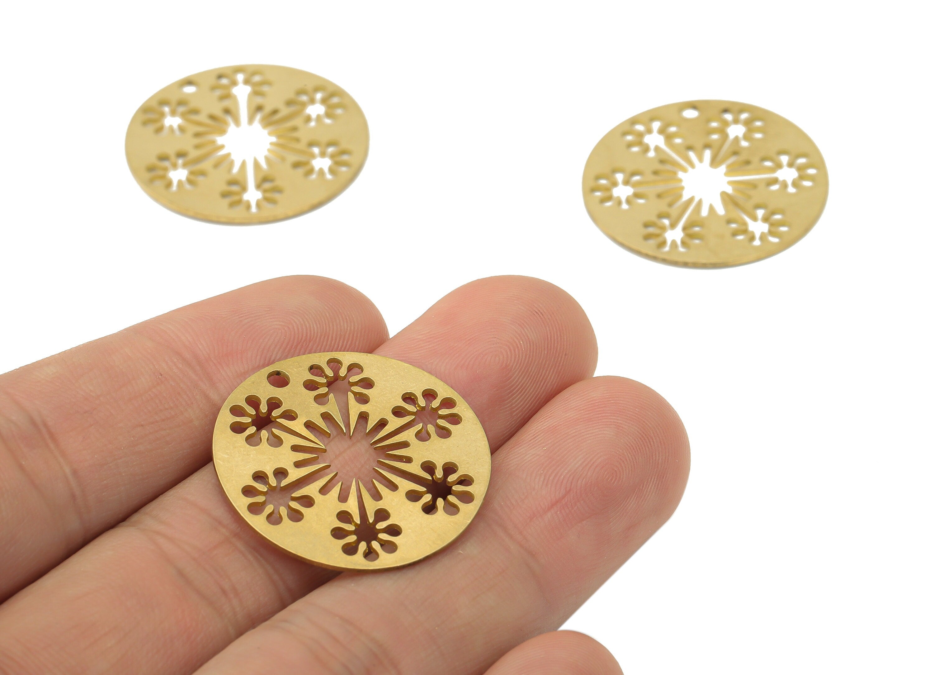 Brass Round Flower Snowflake Earring Charms - Raw Brass Sun Circle Pendant - Earring Charms For Jewelry Making - 26.94x26.94x0.6mm - PPA3501 - DOMEDBAZAAR