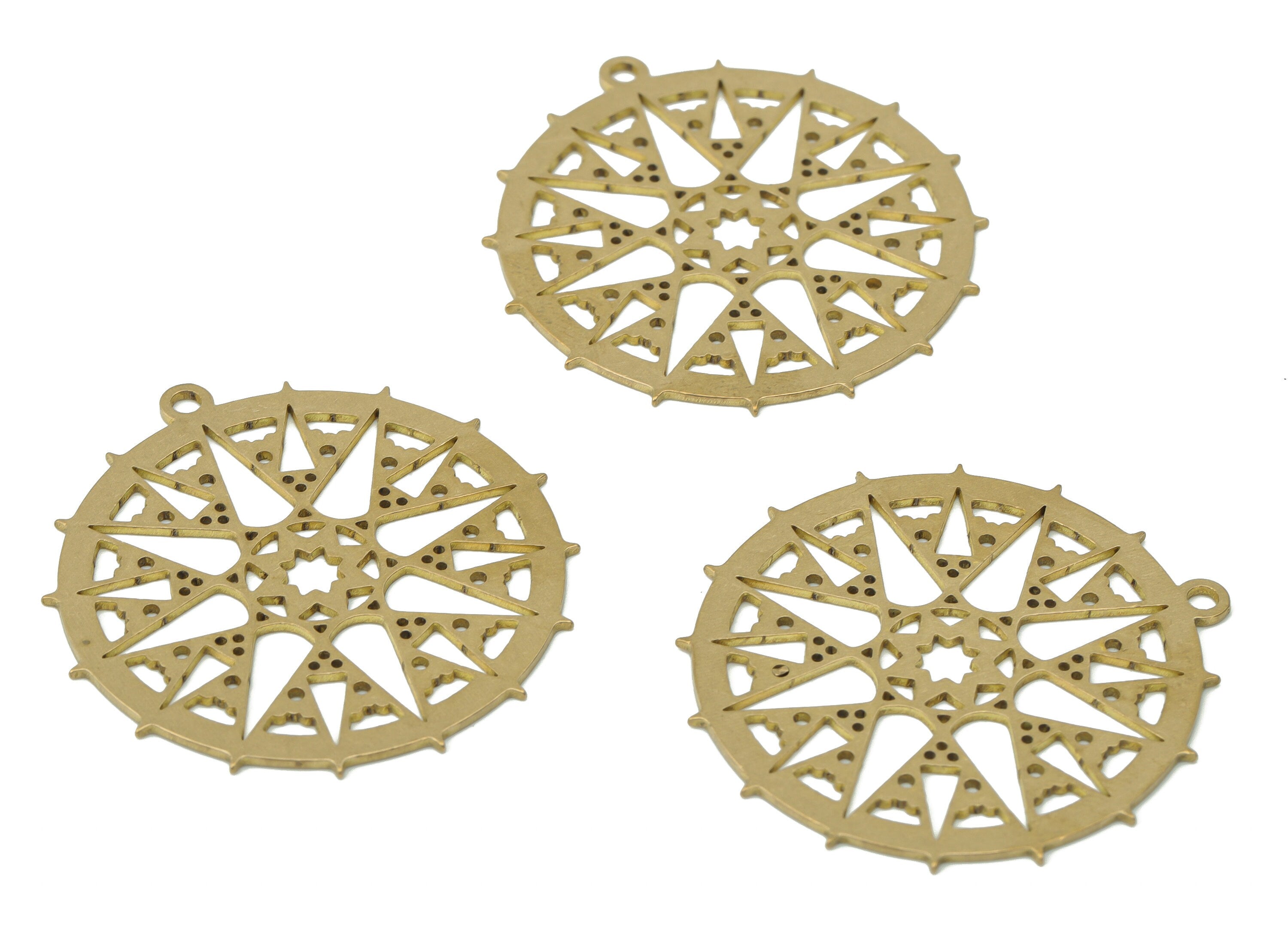 Brass Wave Bubble Round Plant Earring Charms - Raw Brass Triangles Compass Star Pendant - Jewelry Supplies - 37.49x35.65x0.7mm - PPA3608 - DOMEDBAZAAR