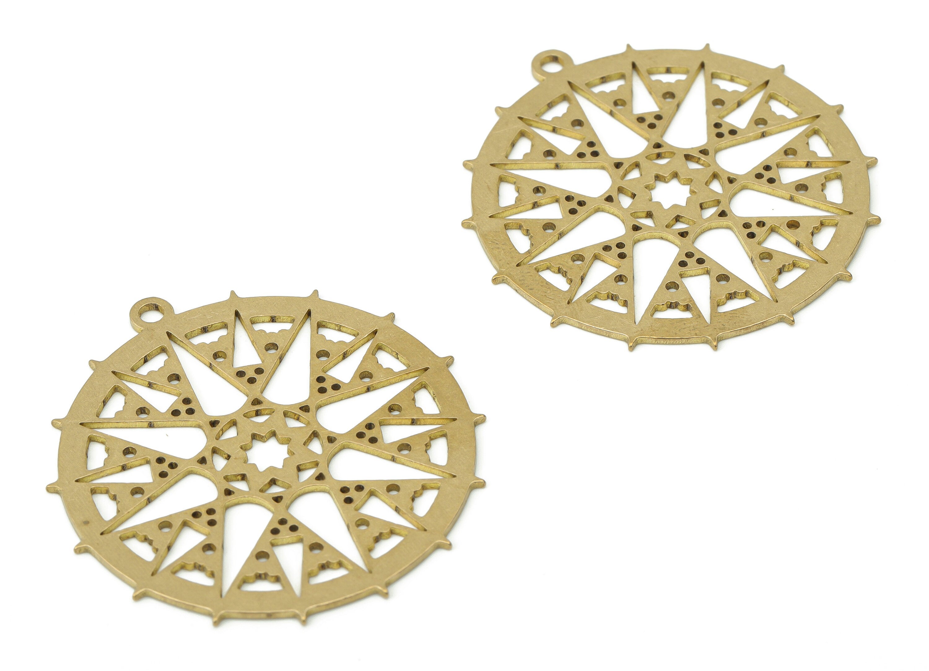 Brass Wave Bubble Round Plant Earring Charms - Raw Brass Triangles Compass Star Pendant - Jewelry Supplies - 37.49x35.65x0.7mm - PPA3608 - DOMEDBAZAAR