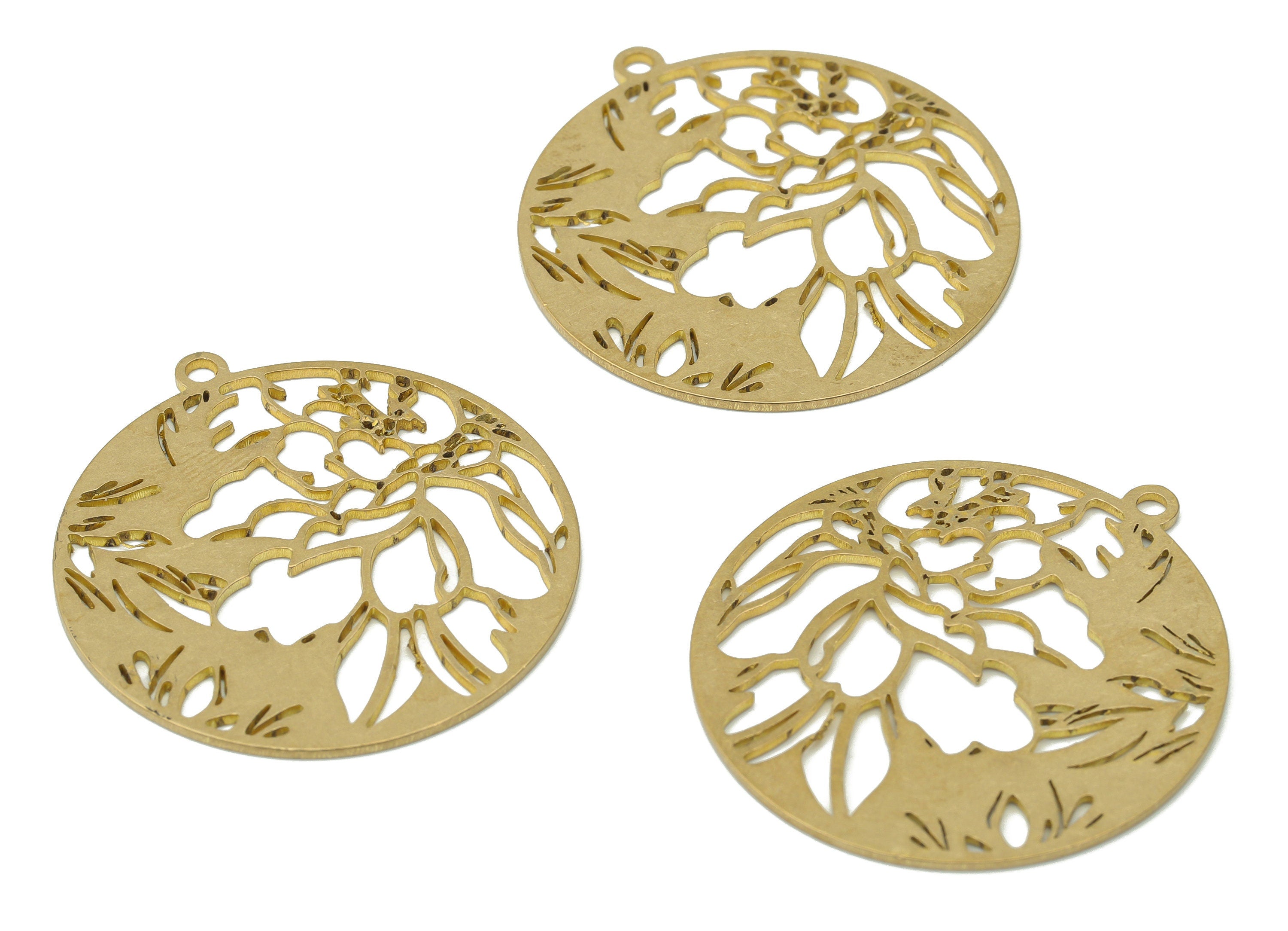 Brass Round Botanical Tree Root Earring Charms - Raw Brass Flowers Giant Trees Pendant - Jewelry Supplies - 37.67x34.6x0.87mm - PPA3738 - DOMEDBAZAAR