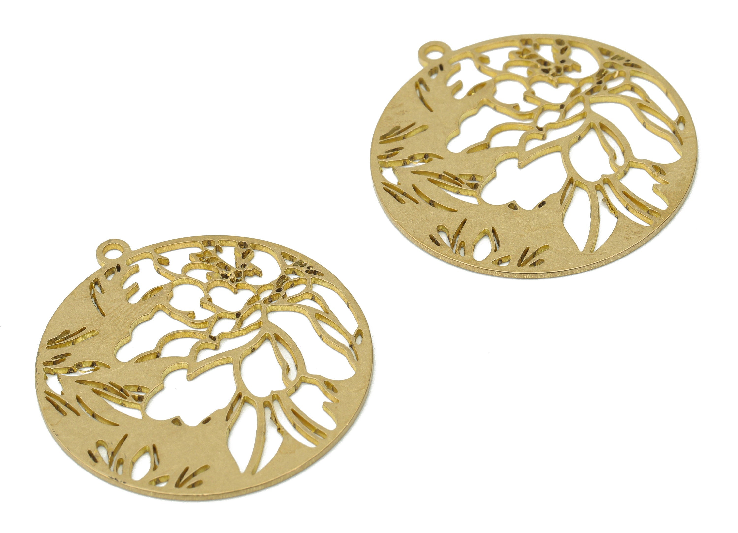 Brass Round Botanical Tree Root Earring Charms - Raw Brass Flowers Giant Trees Pendant - Jewelry Supplies - 37.67x34.6x0.87mm - PPA3738 - DOMEDBAZAAR