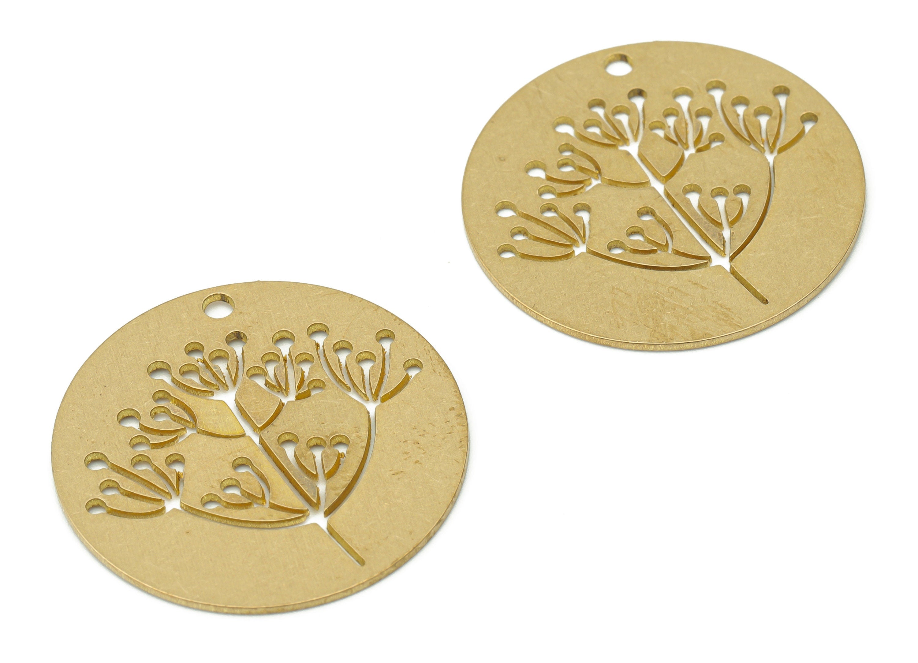 Brass Round Life Tree Rib Nervure Branches Earring Charms - Raw Brass Flower Circle Pendant - Jewelry Supplies - 24.76x24.76x0.6mm - PPA3458 - DOMEDBAZAAR