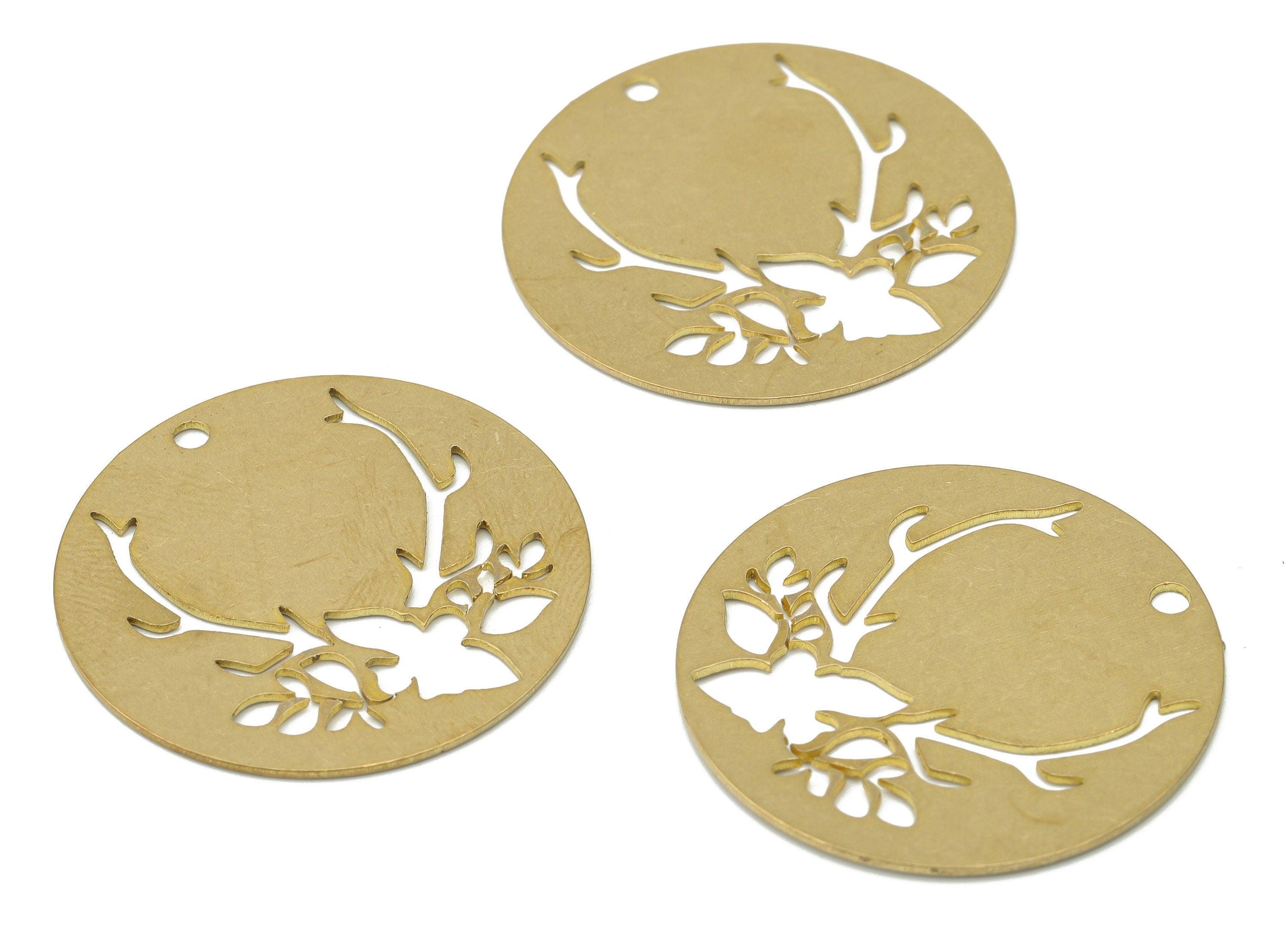 Brass Round Flower Buckhorn Earring Charms - Raw Brass Bird Branch Circle Pendant - Jewelry Making Supplies - 29.75x29.75x0.61mm - PPA3462 - DOMEDBAZAAR