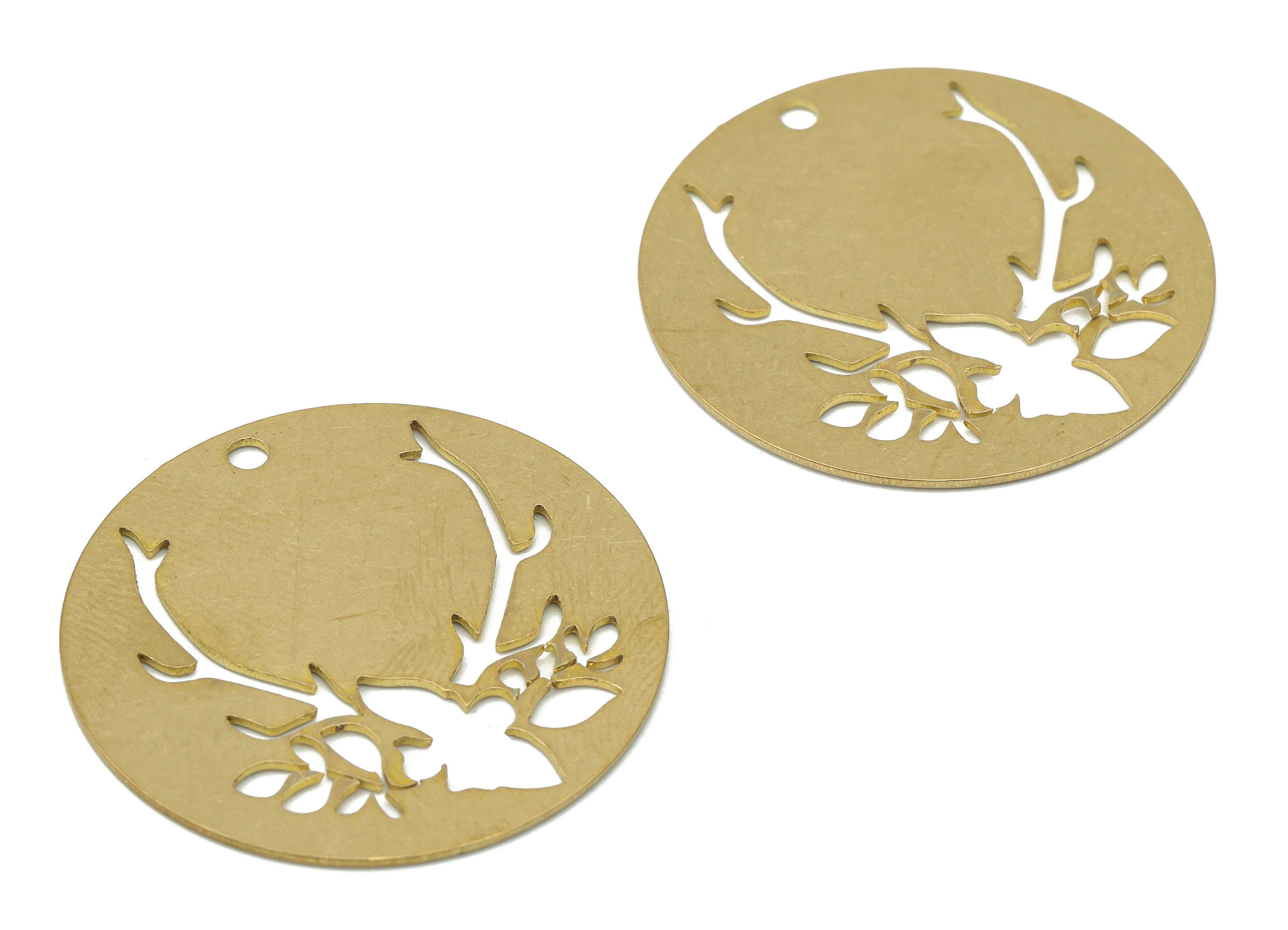 Brass Round Flower Buckhorn Earring Charms - Raw Brass Bird Branch Circle Pendant - Jewelry Making Supplies - 29.75x29.75x0.61mm - PPA3462 - DOMEDBAZAAR