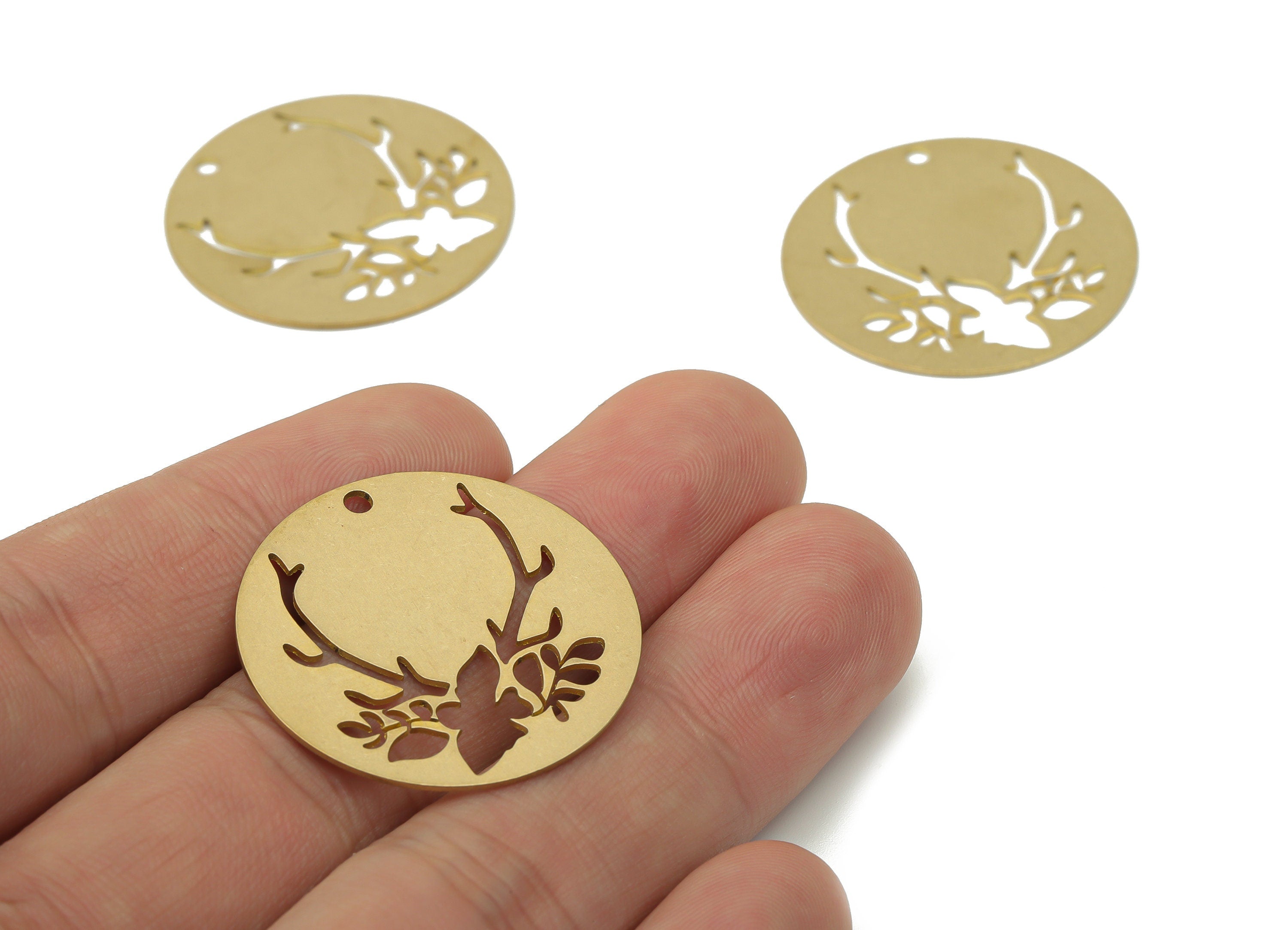 Brass Round Flower Buckhorn Earring Charms - Raw Brass Bird Branch Circle Pendant - Jewelry Making Supplies - 29.75x29.75x0.61mm - PPA3462 - DOMEDBAZAAR