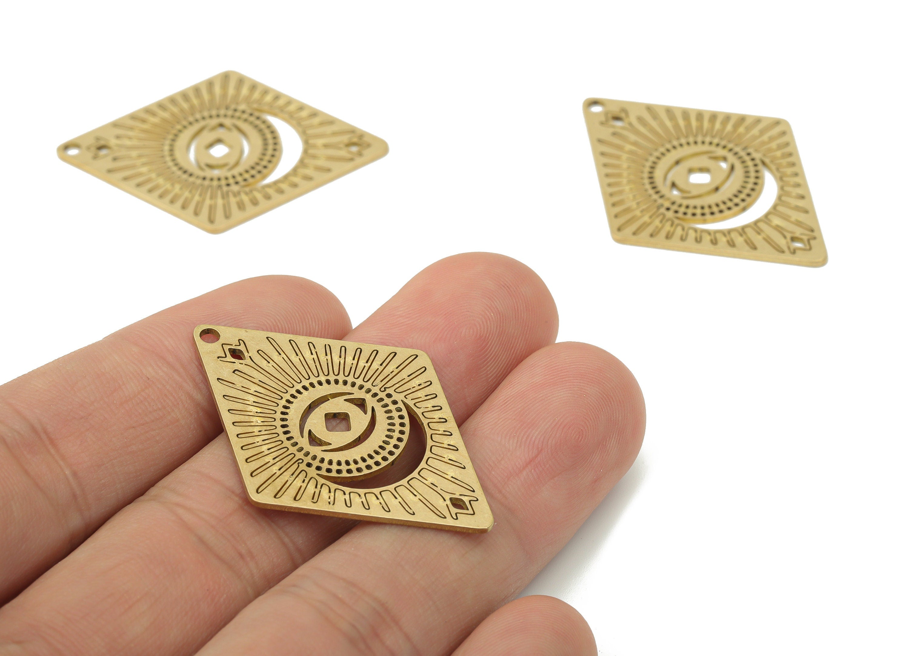 Brass Diamond Bubble Sun Earring Charms - Raw Brass Rhombic Eye Pendant - DIY Jewelry Making Supplies - 39.81x28.2x0.87mm - PPA3666 - DOMEDBAZAAR