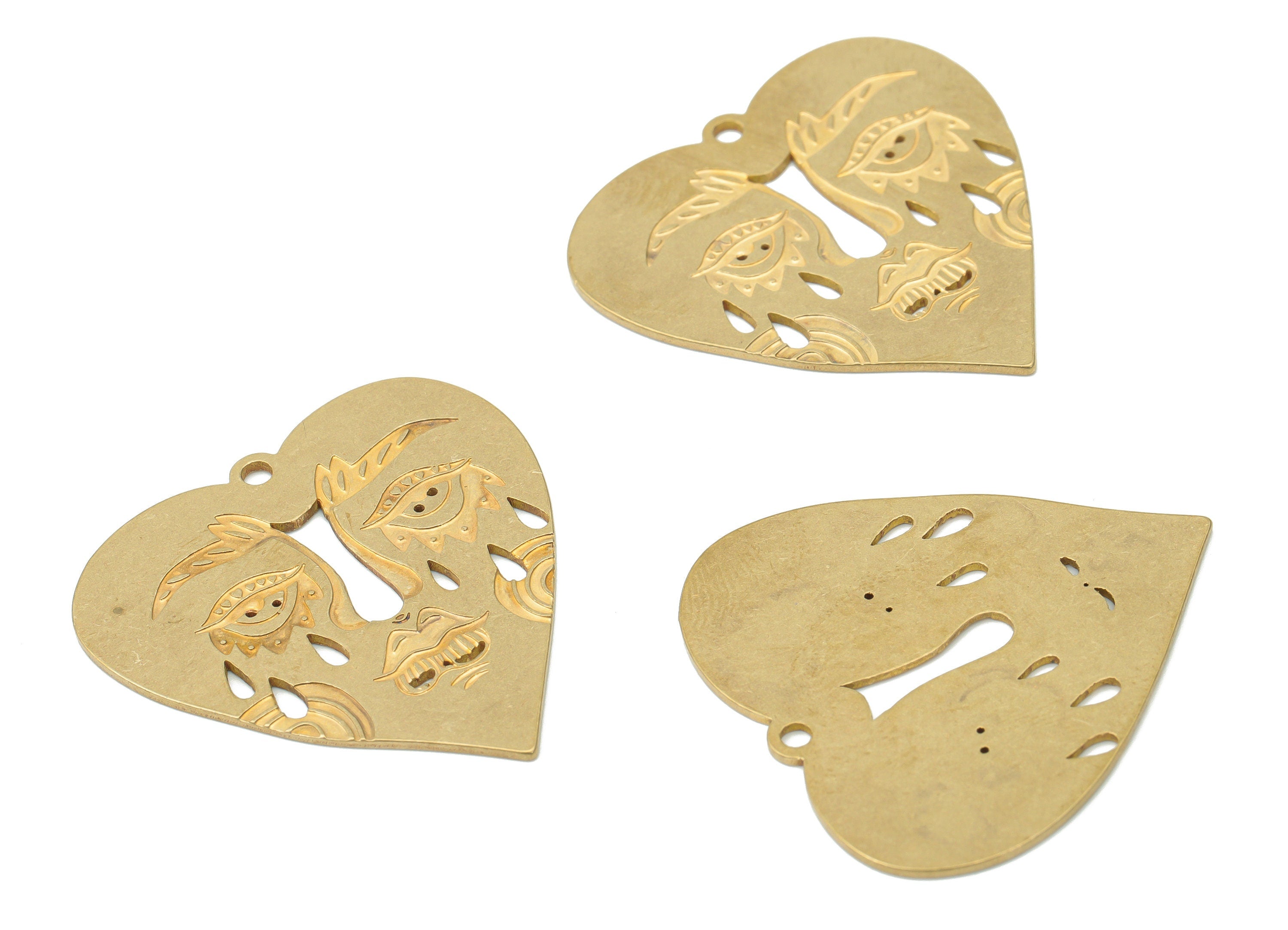 Brass Engraved Heart Abstract Face Earring Charms - Raw Brass Erying Face Heart Pendant - Jewelry Making - 34.44x33.45x0.84mm - PPZ0038 - DOMEDBAZAAR