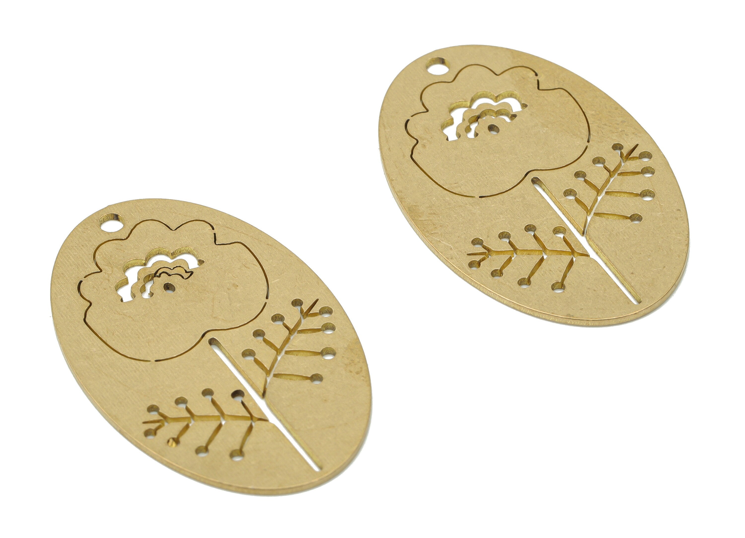 Brass Botanical Long Oval Flower Earring Charms - Raw Brass Rib Nervure Branches Oval Pendant - Jewelry Making - 35.82x23x0.78mm - PPA3649 - DOMEDBAZAAR