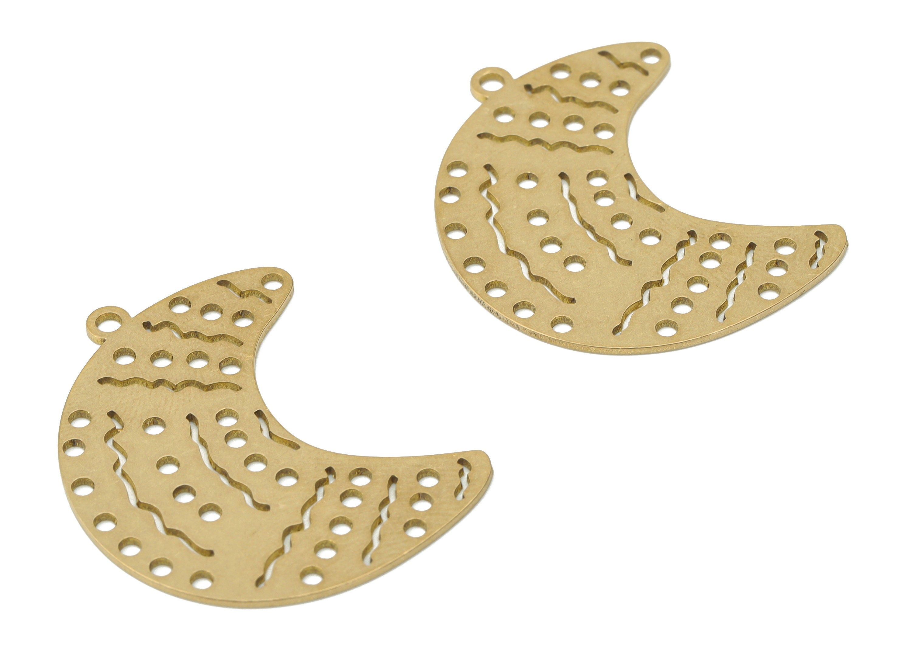 Brass Bubble Crescent Earring Charms - Raw Brass Wave Moon Pendant - Jewelry Making Supplies - 35.1x27.64x0.75mm - PPA3380 - DOMEDBAZAAR