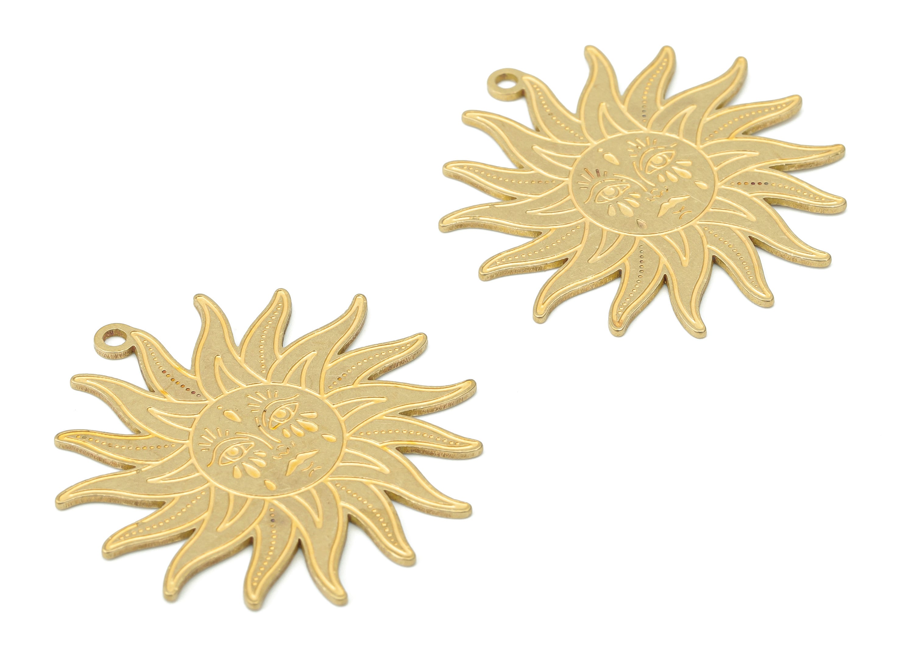 Brass Engraved Sun Woman Face Earring Charms - Raw Brass Face Sun Pendant - DIY Jewelry Making Supplies - 39.84x37.71x0.87mm - PPZ0037 - DOMEDBAZAAR