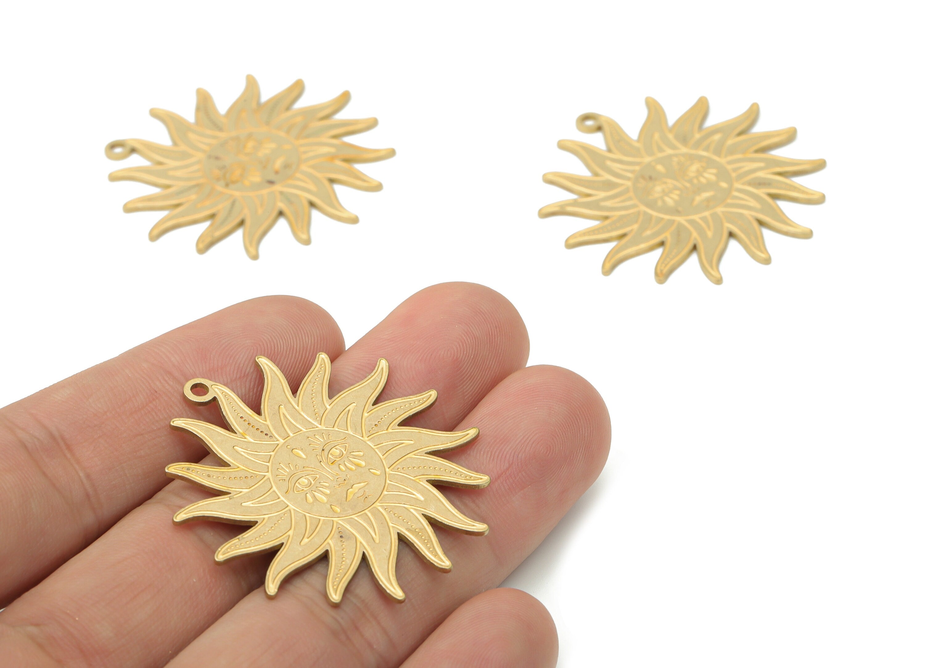 Brass Engraved Sun Woman Face Earring Charms - Raw Brass Face Sun Pendant - DIY Jewelry Making Supplies - 39.84x37.71x0.87mm - PPZ0037 - DOMEDBAZAAR