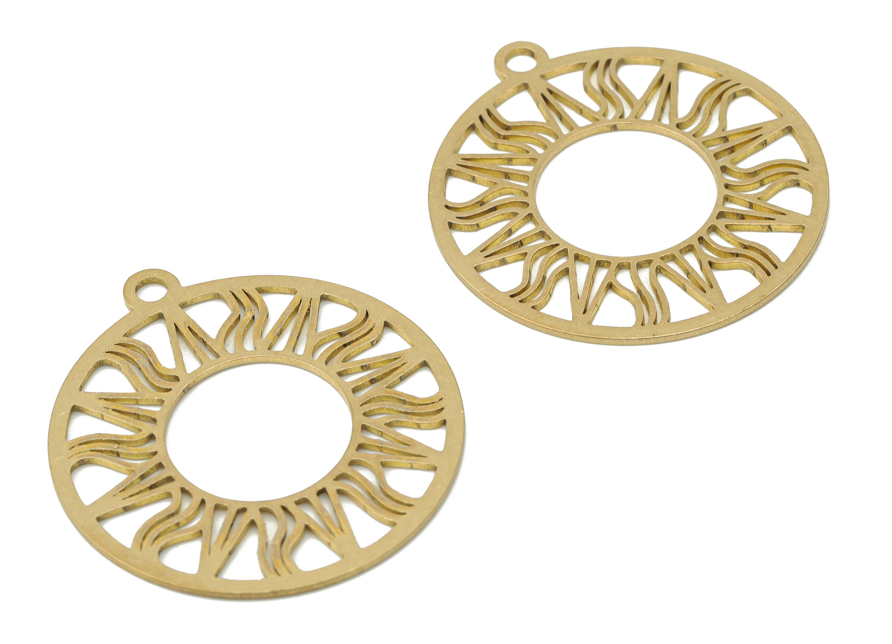 Brass Round Sun Hoop Earring Charms - Raw Brass Sun Circle Pendant - DIY Jewelry Making Supplies - 34.71x31.48x0.76mm - PPA3075 - DOMEDBAZAAR