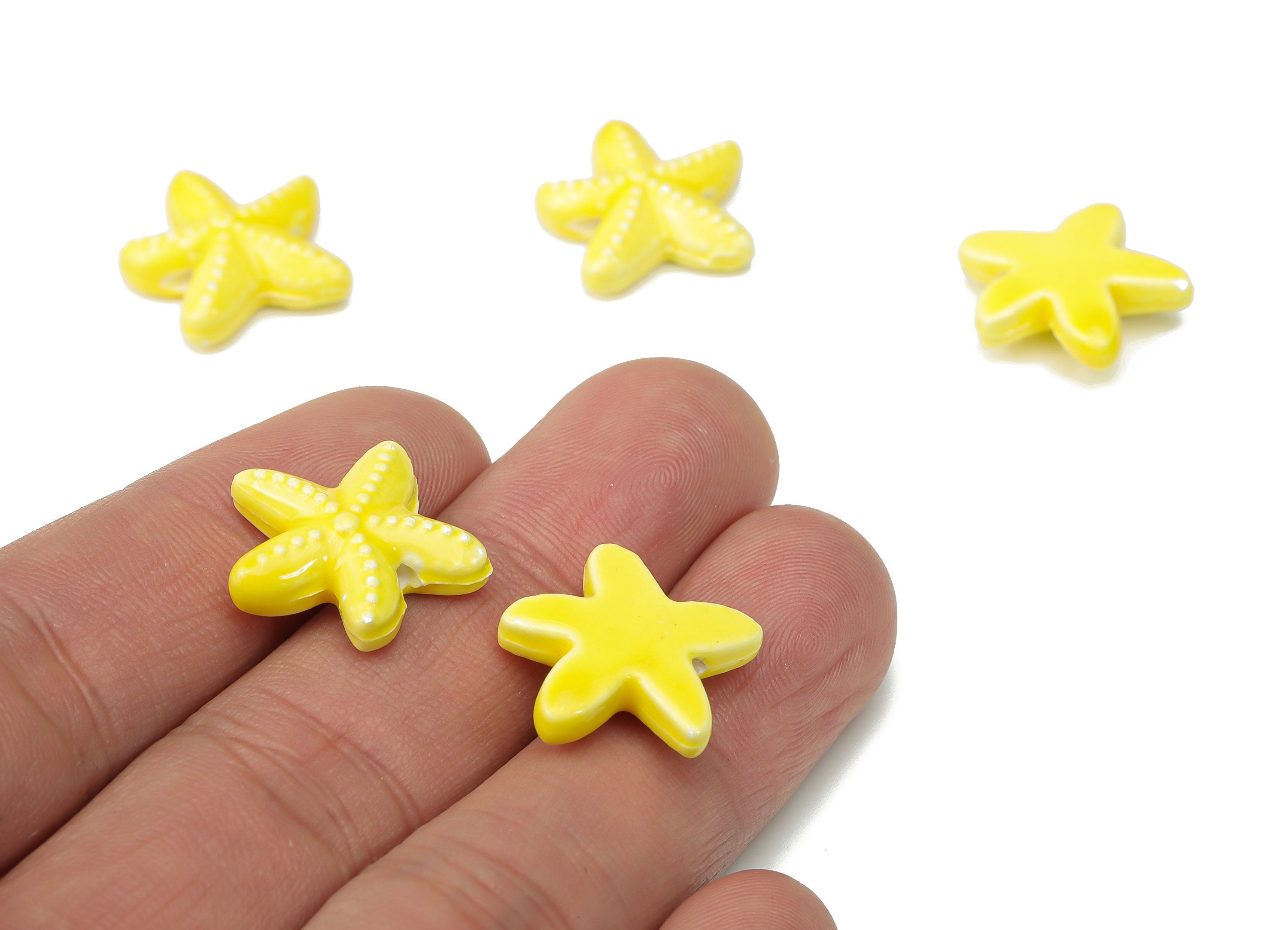 Glazed Ceramic Starfish Beads - Yellow Carved Beads - Handmade Beads - Bracelet Beads - Connectors Beads - 17.8x17.8x5.84mm - NS1446F - DOMEDBAZAAR