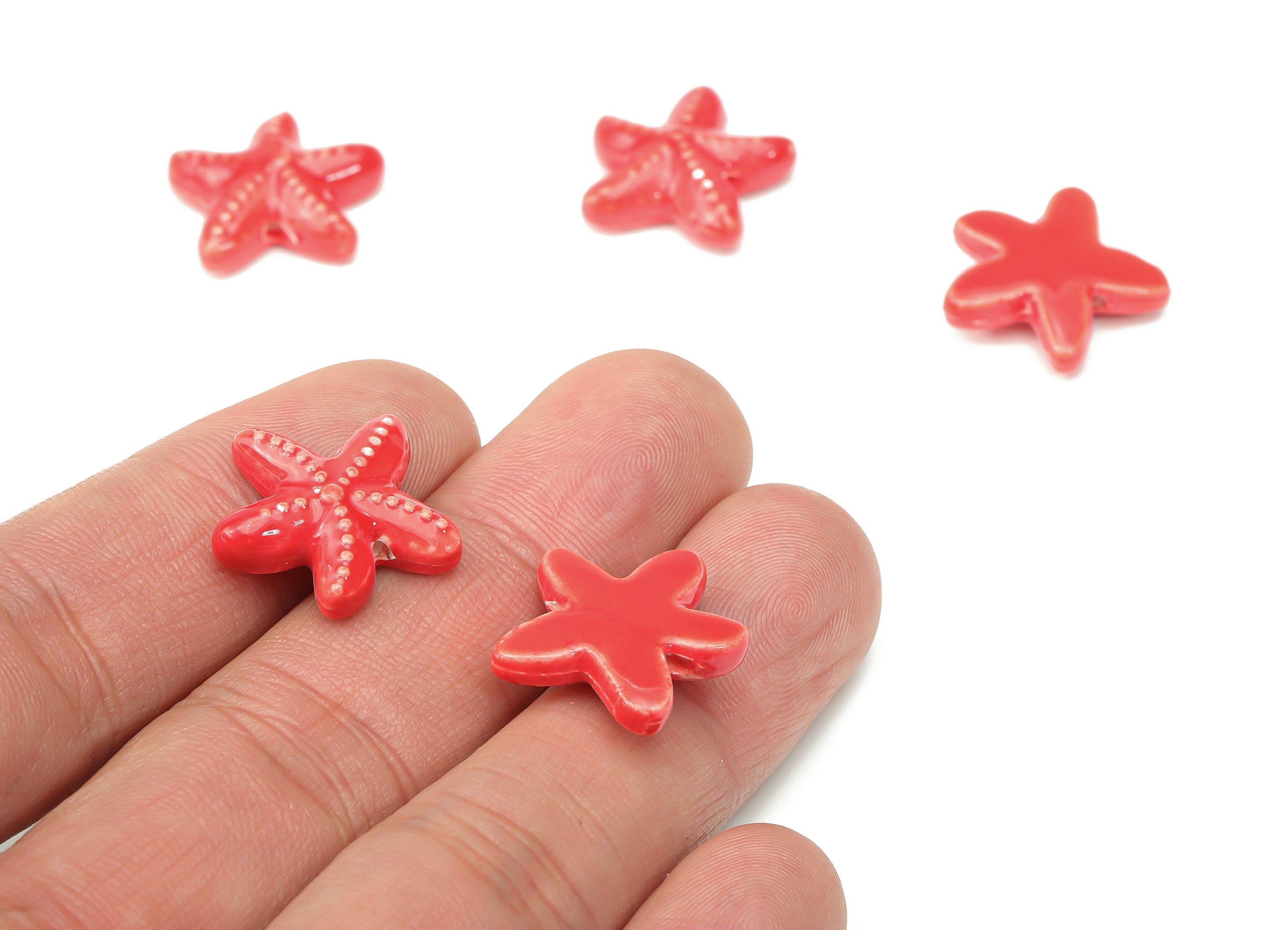 Glazed Ceramic Starfish Beads - Red Carved Starfish Beads - Handmade Connectors Beads - Bracelet Making Beads - 17.8x17.8x5.84mm - NS1446D - DOMEDBAZAAR