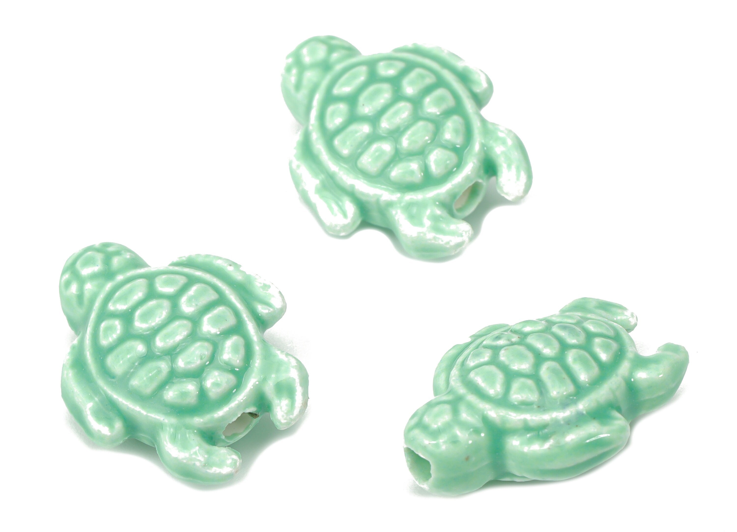 Glazed Ceramic Turtle Beads - Green Carved Turtle Beads - Handmade Beads - Bracelet Beads - Connectors Beads - 18.86x14.95x8.13mm - NS1836C - DOMEDBAZAAR