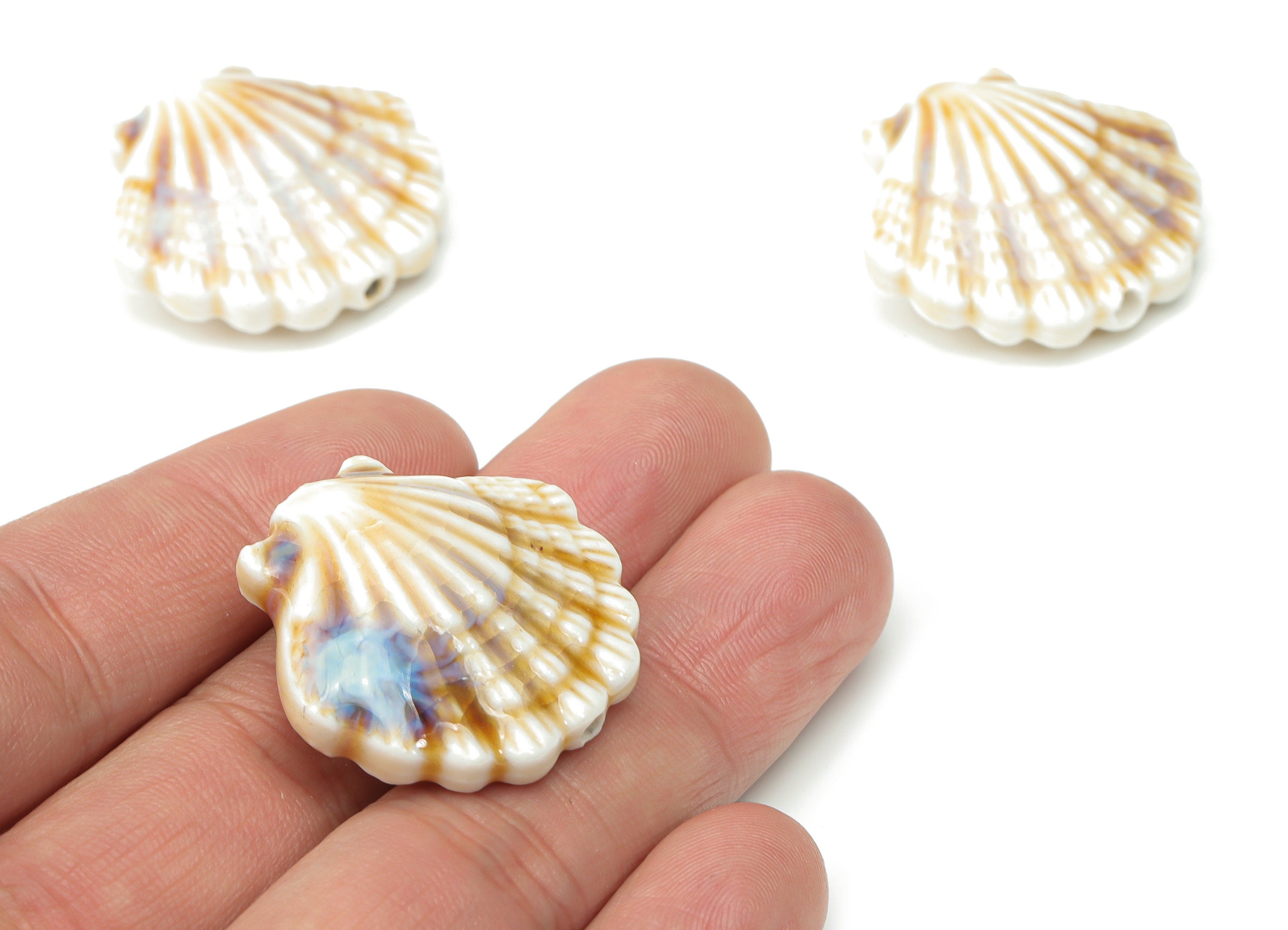 Glazed Ceramic Shell Beads - Carved Shell Beads - Handmade Beads - Bracelet Making Beads - Connectors Beads - 27.36x29.12x11.11mm - NS1823 - DOMEDBAZAAR