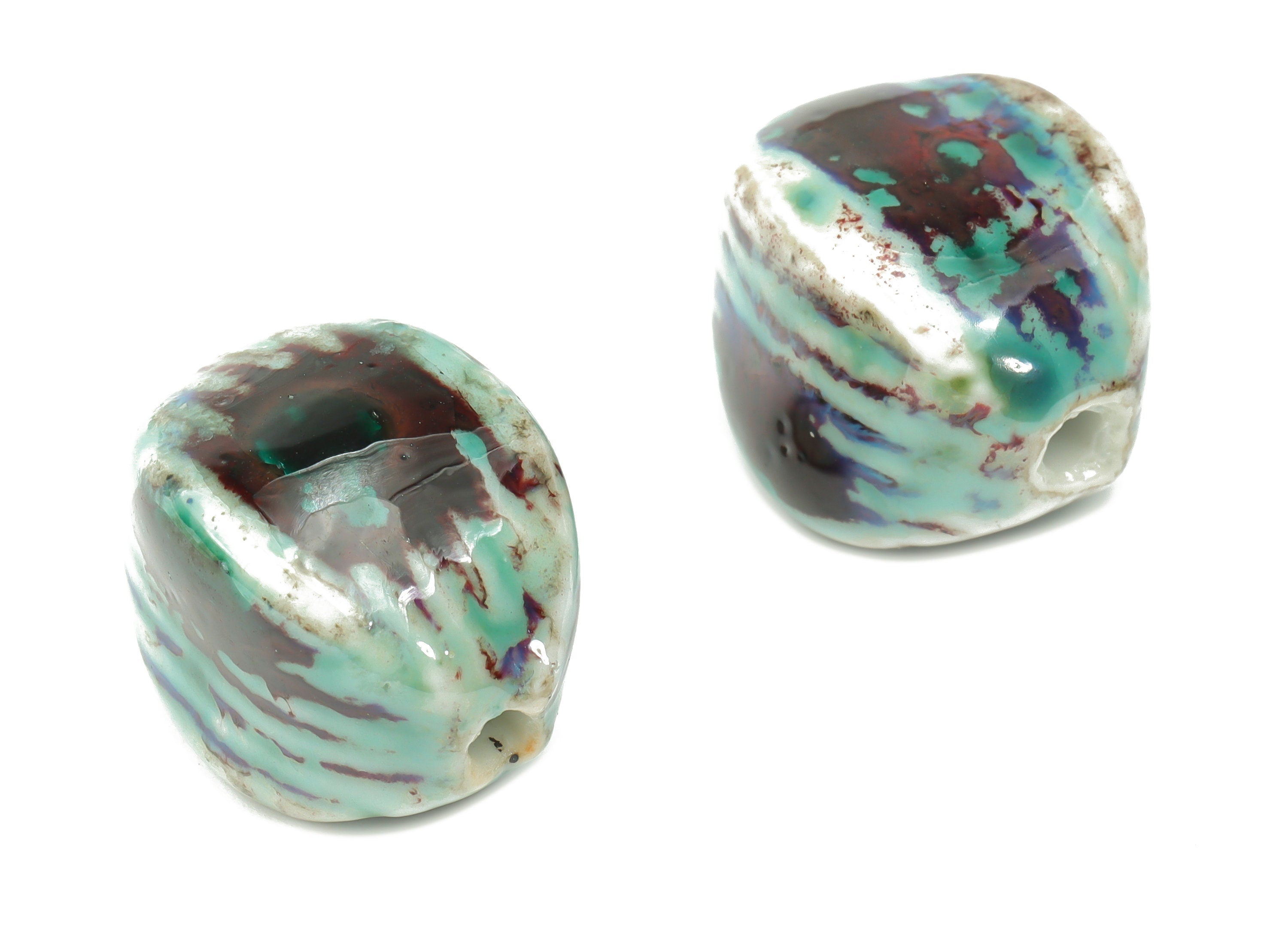 Glazed Ceramic Oval Beads - Carved Oval Beads - Handmade Beads - Bracelet Beads - Connectors Beads - 18.75x16.63x16.63mm - NS1791 - DOMEDBAZAAR