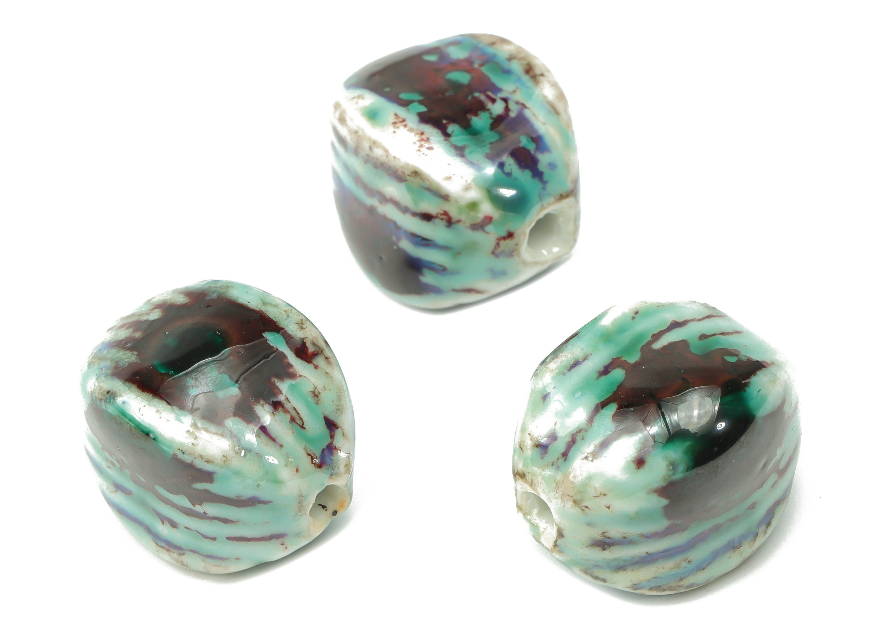 Glazed Ceramic Oval Beads - Carved Oval Beads - Handmade Beads - Bracelet Beads - Connectors Beads - 18.75x16.63x16.63mm - NS1791 - DOMEDBAZAAR