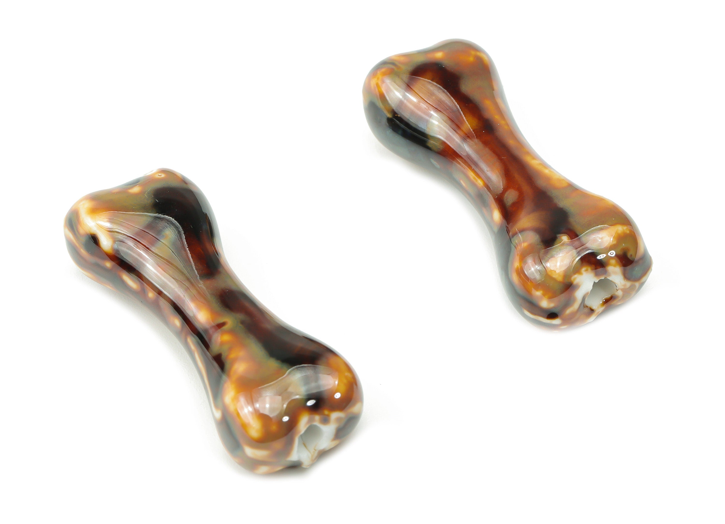 Glazed Ceramic Dog Bone Beads - Carved Bone Beads - Handmade Beads - Bracelet Making Beads - Connectors Beads - 33.48x13.57x9.96mm - NS1816 - DOMEDBAZAAR