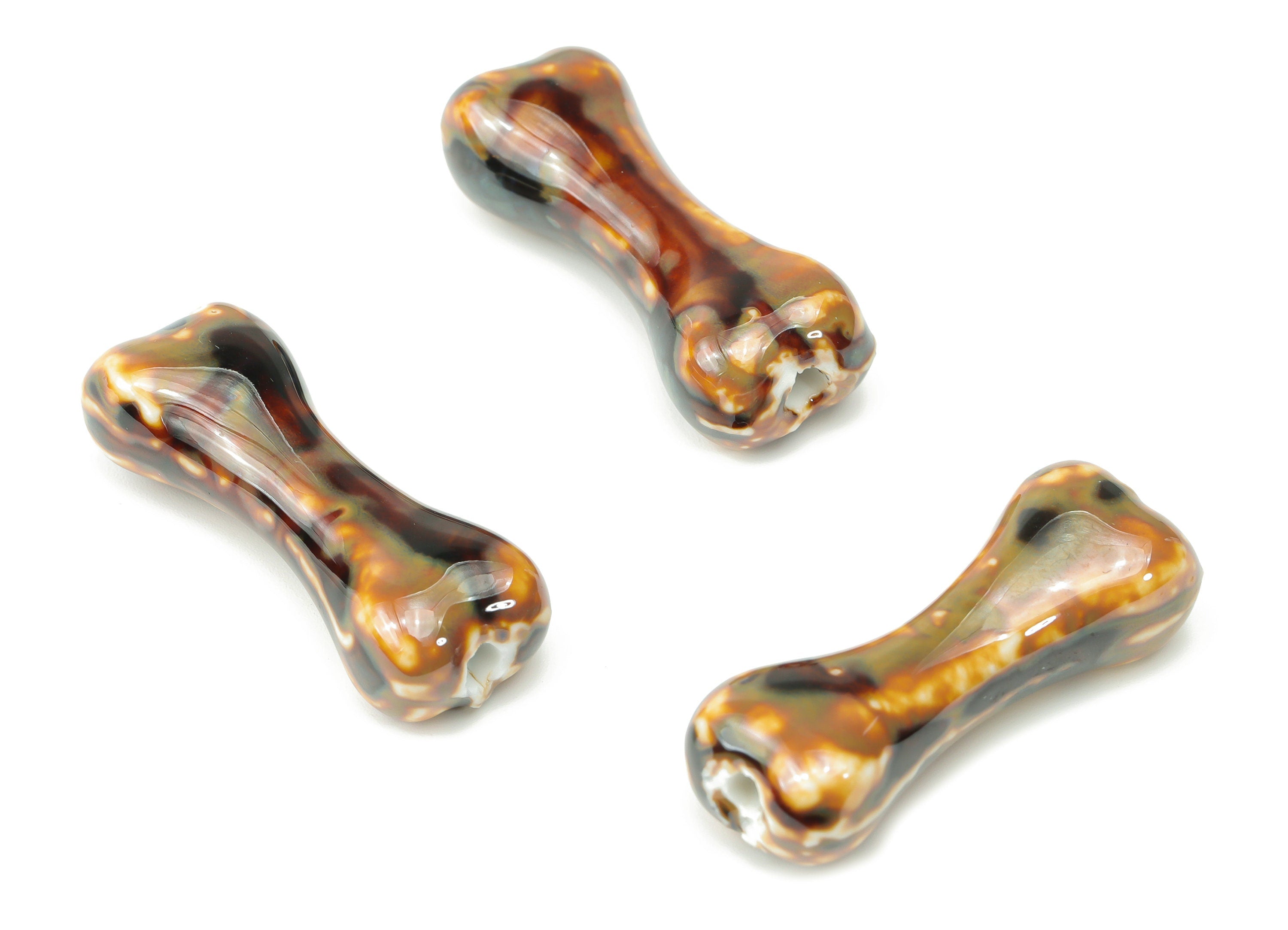 Glazed Ceramic Dog Bone Beads - Carved Bone Beads - Handmade Beads - Bracelet Making Beads - Connectors Beads - 33.48x13.57x9.96mm - NS1816 - DOMEDBAZAAR