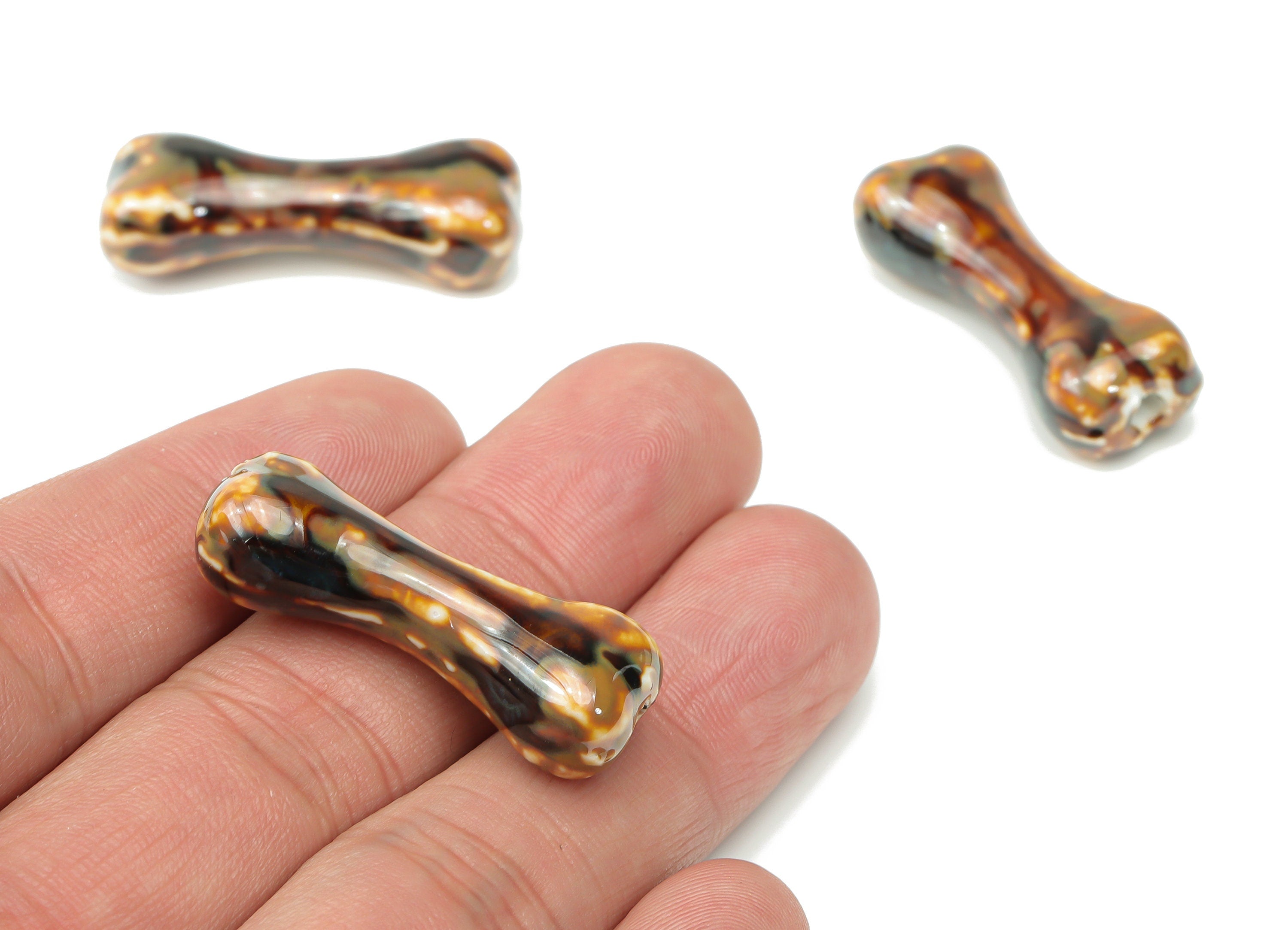 Glazed Ceramic Dog Bone Beads - Carved Bone Beads - Handmade Beads - Bracelet Making Beads - Connectors Beads - 33.48x13.57x9.96mm - NS1816 - DOMEDBAZAAR