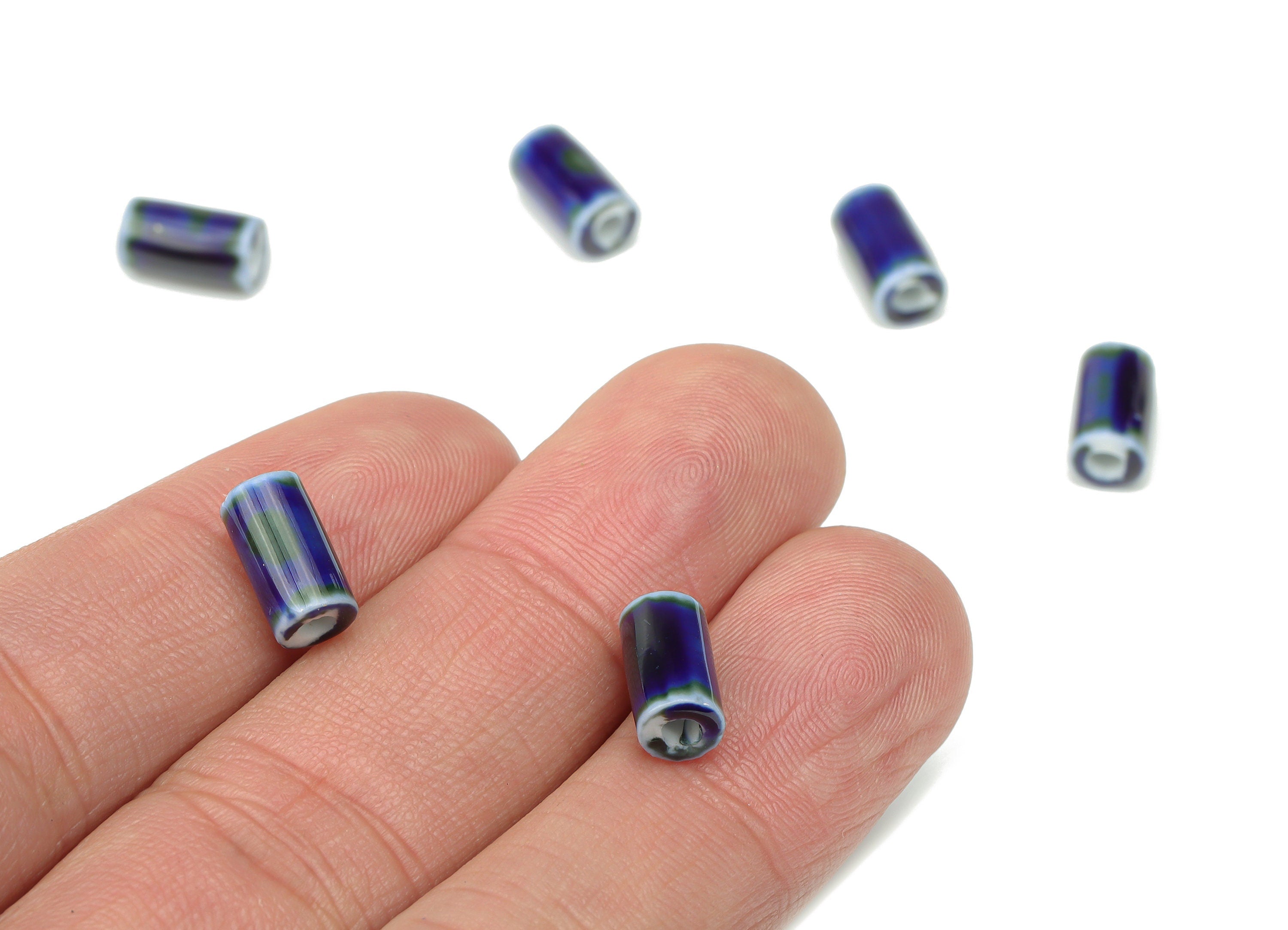 Glazed Ceramic Cylinder Beads - Carved Cylinder Beads - Handmade Beads - Bracelet Making Beads - Connectors Beads - 10.28x5.4x5.4mm - NS1781 - DOMEDBAZAAR