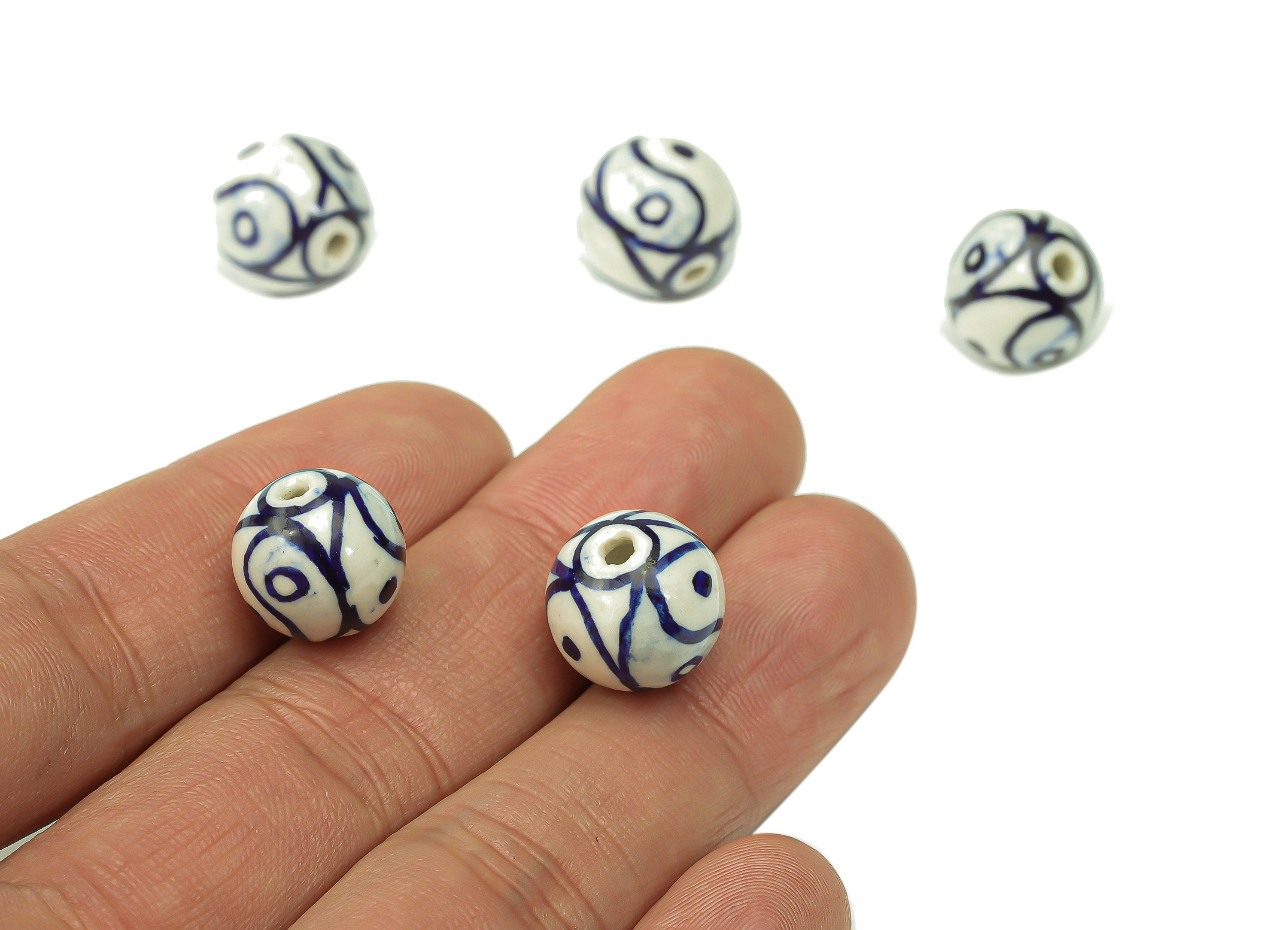 Glazed Ceramic Ball Beads - Carved Ball Beads - Handmade Beads - Bracelet Making Beads - Connectors Beads - 11.63x12x12mm - NS1838C - DOMEDBAZAAR