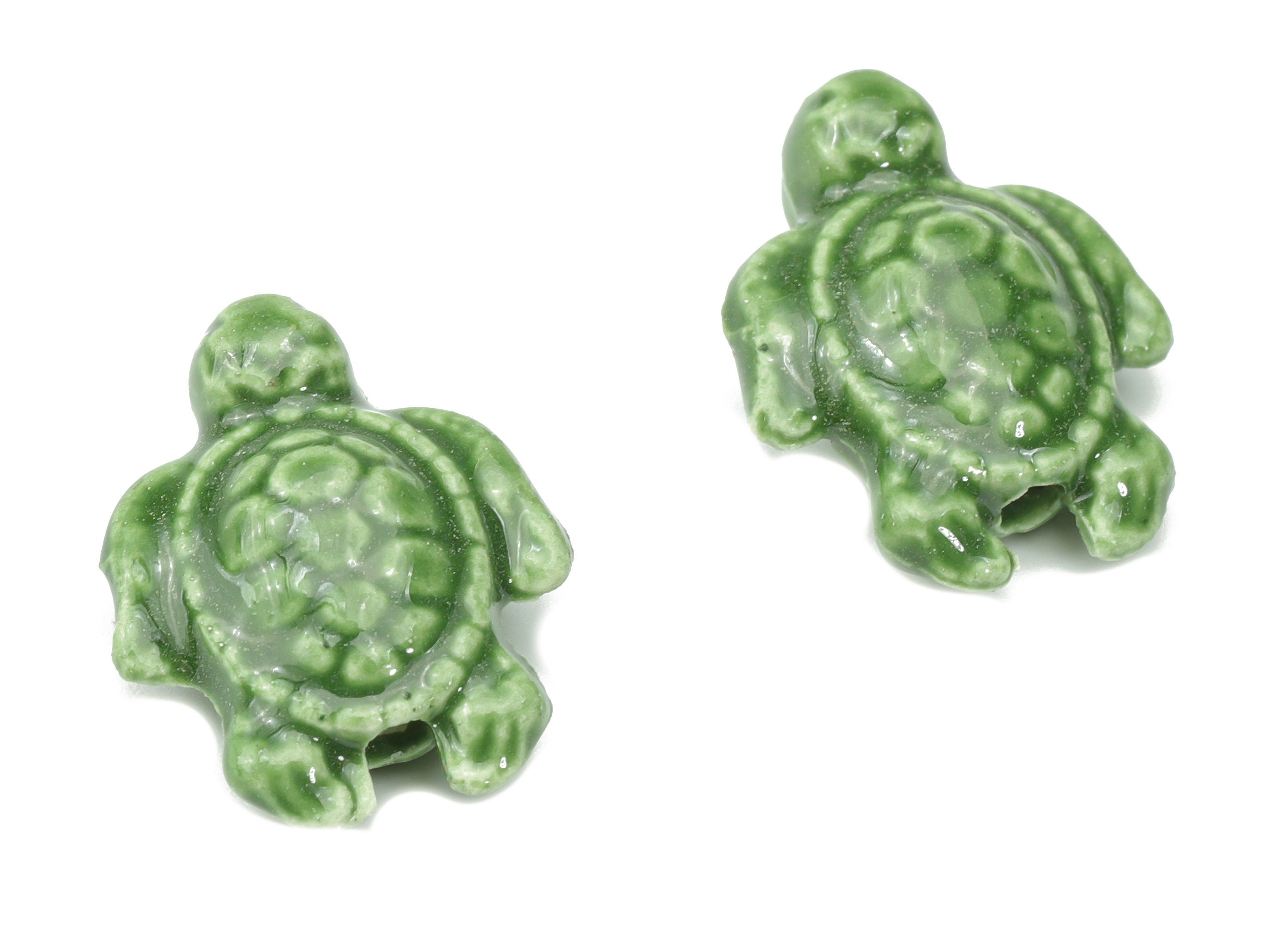 Glazed Ceramic Turtle Beads - Green Carved Turtle Beads - Handmade Beads - Bracelet Beads - Connectors Beads - 18.86x14.95x8.13mm - NS1836B - DOMEDBAZAAR
