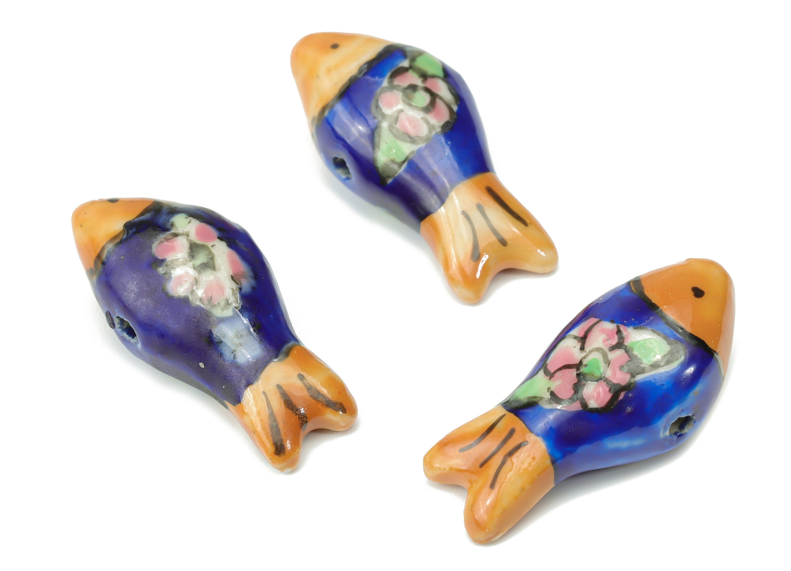 Glazed Ceramic Fish Flower Beads - Carved Cute Fish Beads - Handmade Beads - Bracelet Beads - Connectors Beads - 26.56x12.17x9.4mm - NS1835A - DOMEDBAZAAR