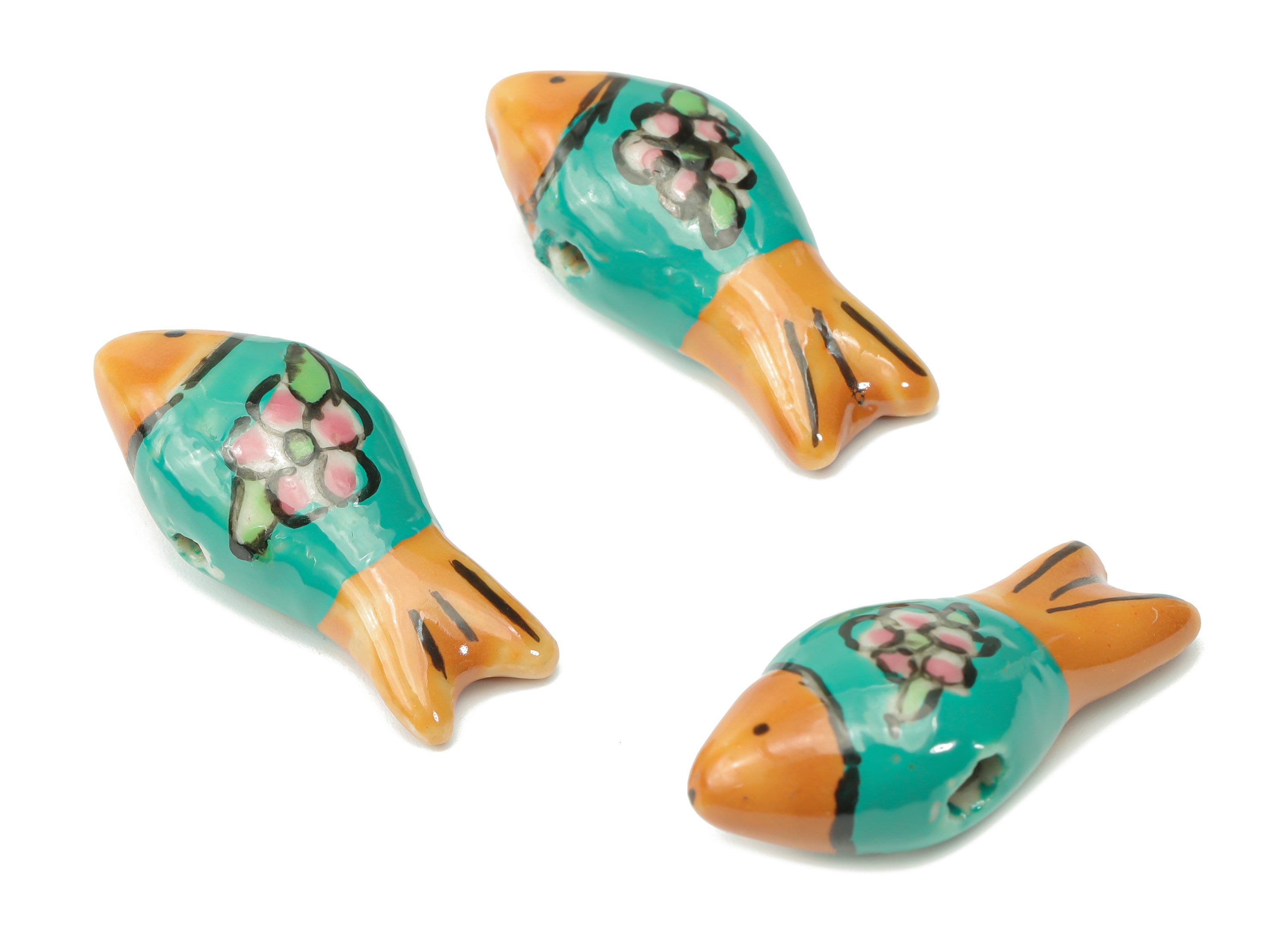 Glazed Ceramic Fish Flower Beads - Carved Cute Fish Beads - Handmade Beads - Bracelet Beads - Connectors Beads - 26.56x12.17x9.4mm - NS1835B - DOMEDBAZAAR