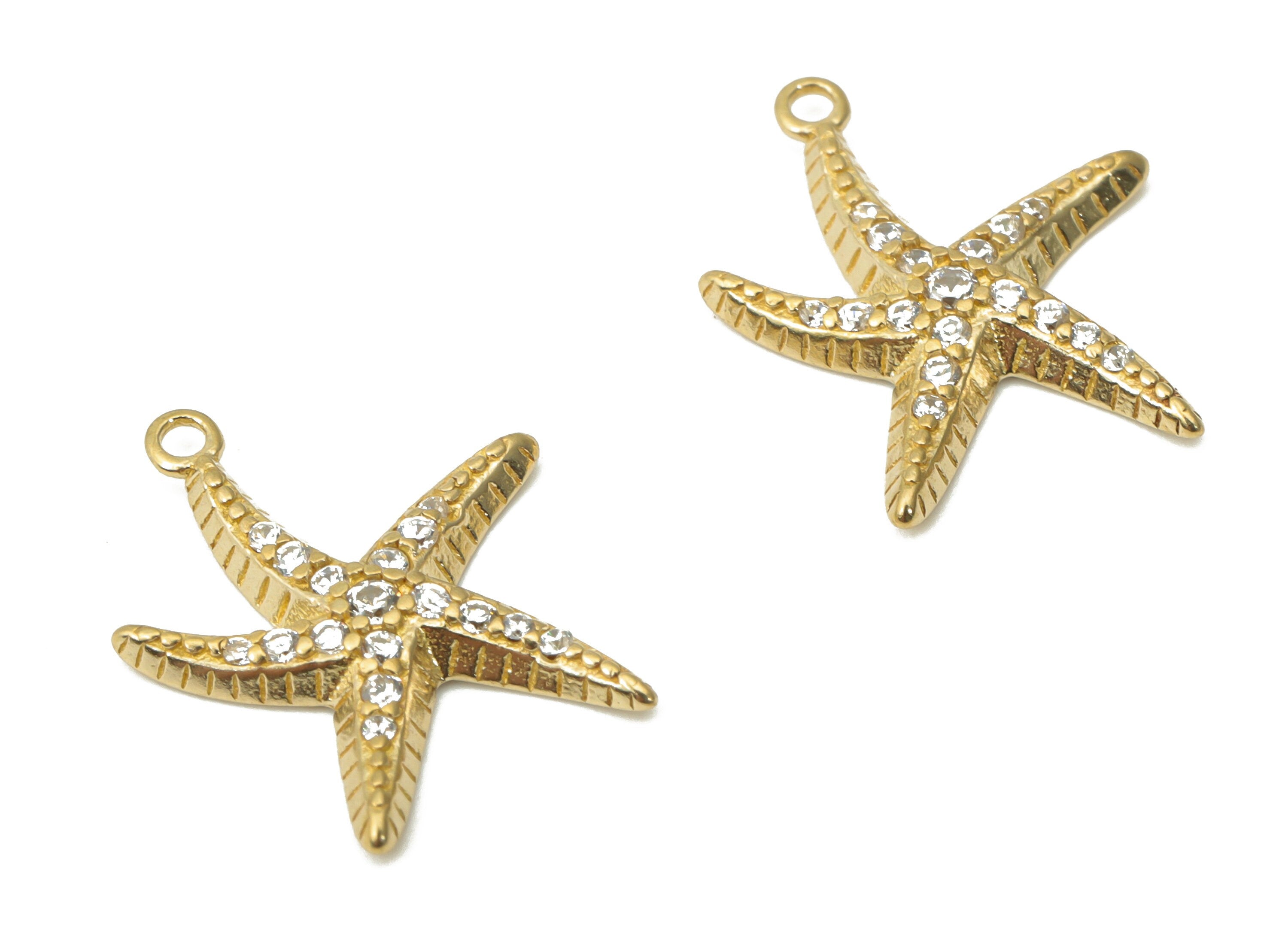 Brass Starfish Earring Charms with Zircons - Raw Brass Sea Star Pendant - Jewelry Making Supplies - 17.5x13.11x1.94mm - PP5266 - DOMEDBAZAAR