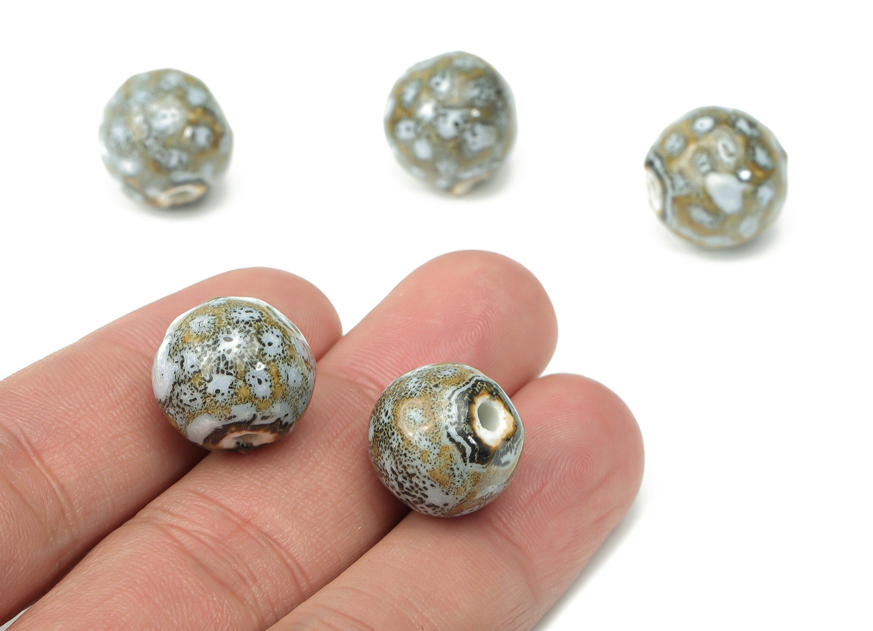 Glazed Ceramic Ball Beads - Carved Ball Beads - Handmade Beads - Bracelet Beads - Connectors Beads - 15.12x15.12x15.45mm - NS1780 - DOMEDBAZAAR