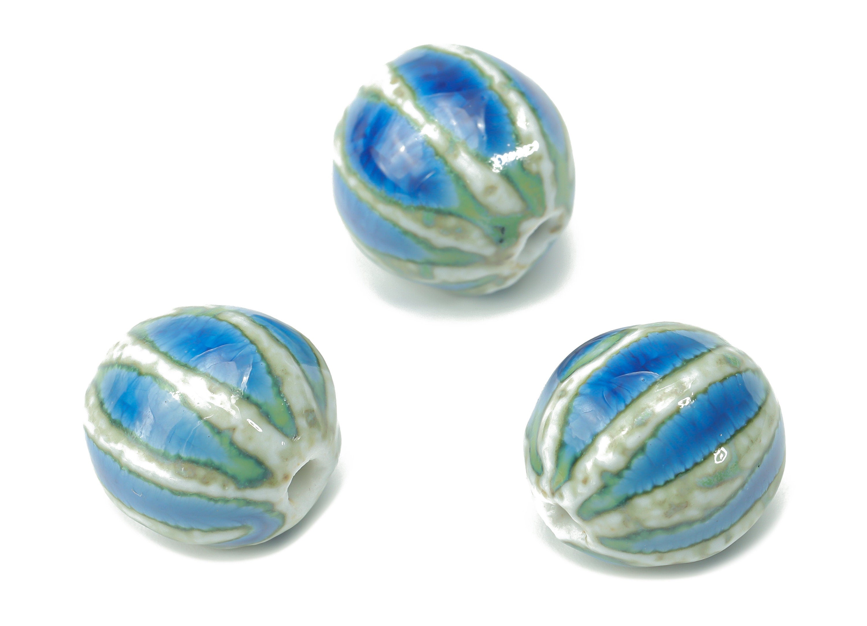 Glazed Ceramic Ball Beads - Carved Ball Beads - Handmade Beads - Bracelet Beads - Connectors Beads - 15.08x15.08x15.65mm - NS1775 - DOMEDBAZAAR
