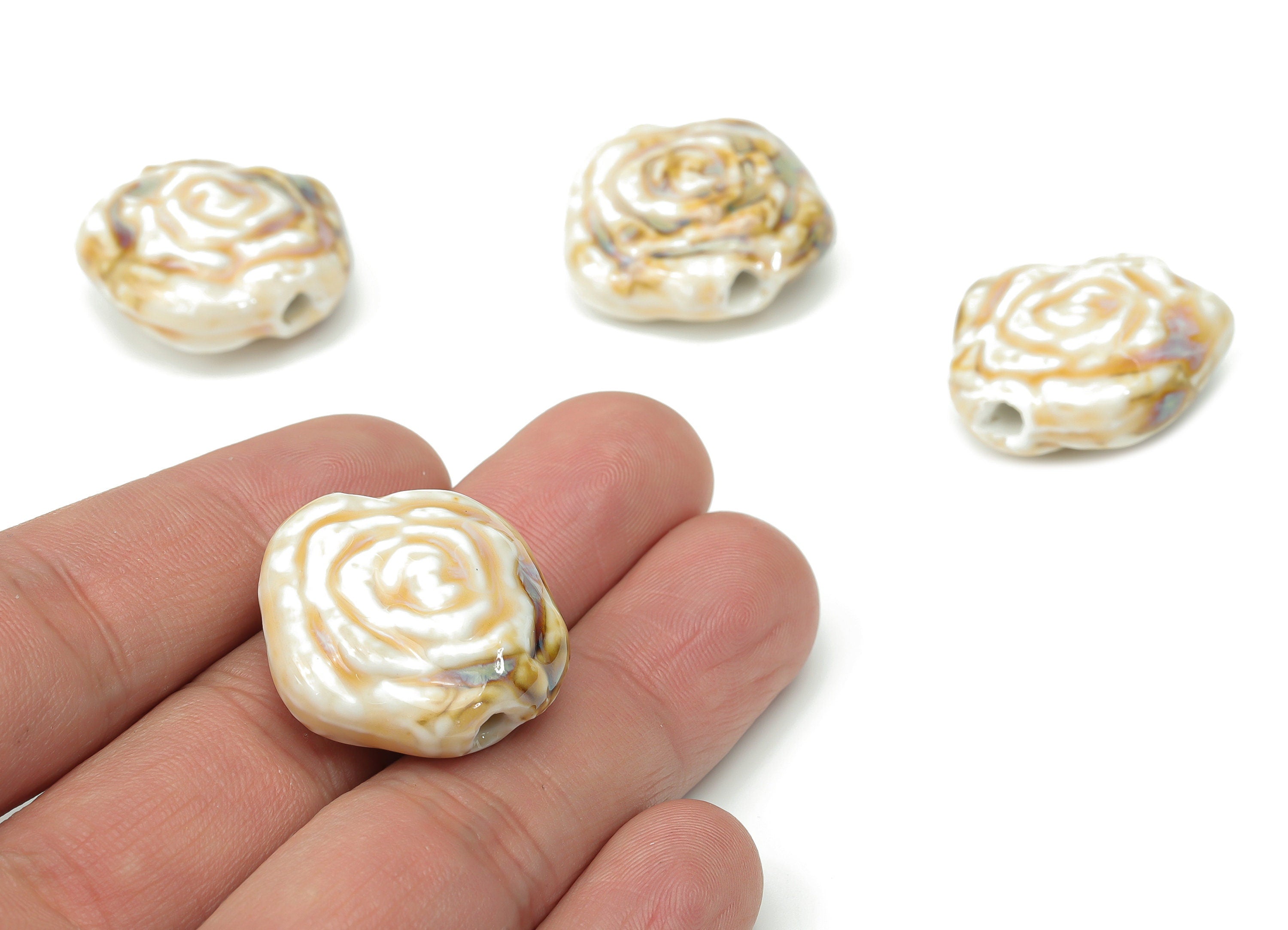Glazed Ceramic White Rose Beads - Carved Flower Beads - Handmade Beads - Bracelet Beads - Connectors Beads - 25.24x25.13x11.12mm - NS1800 - DOMEDBAZAAR