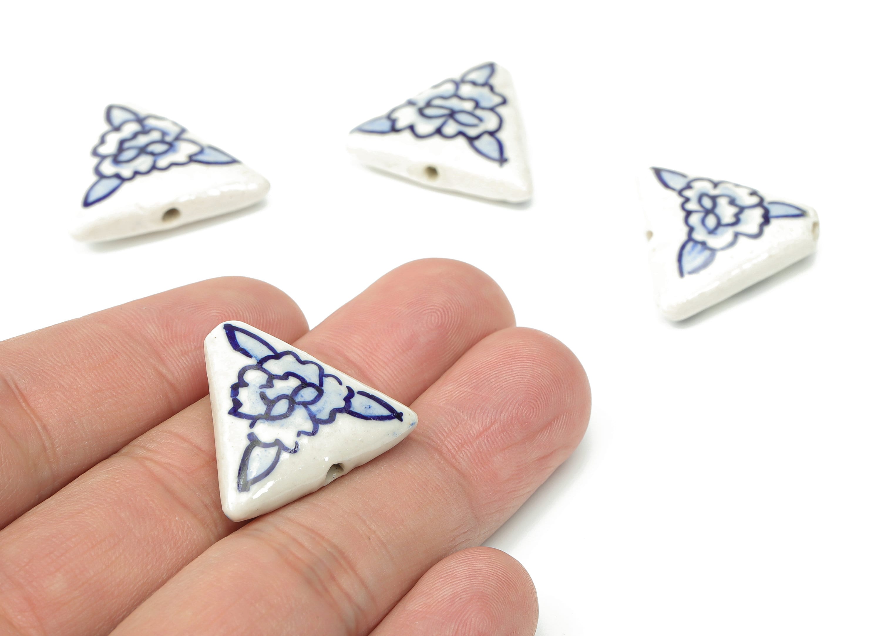 Glazed Ceramic Flower Triangle Beads - Carved Triangle Beads - Handmade Beads - Bracelet Beads - Connectors Beads - 25.4x21.6x7.5mm - NS1840 - DOMEDBAZAAR