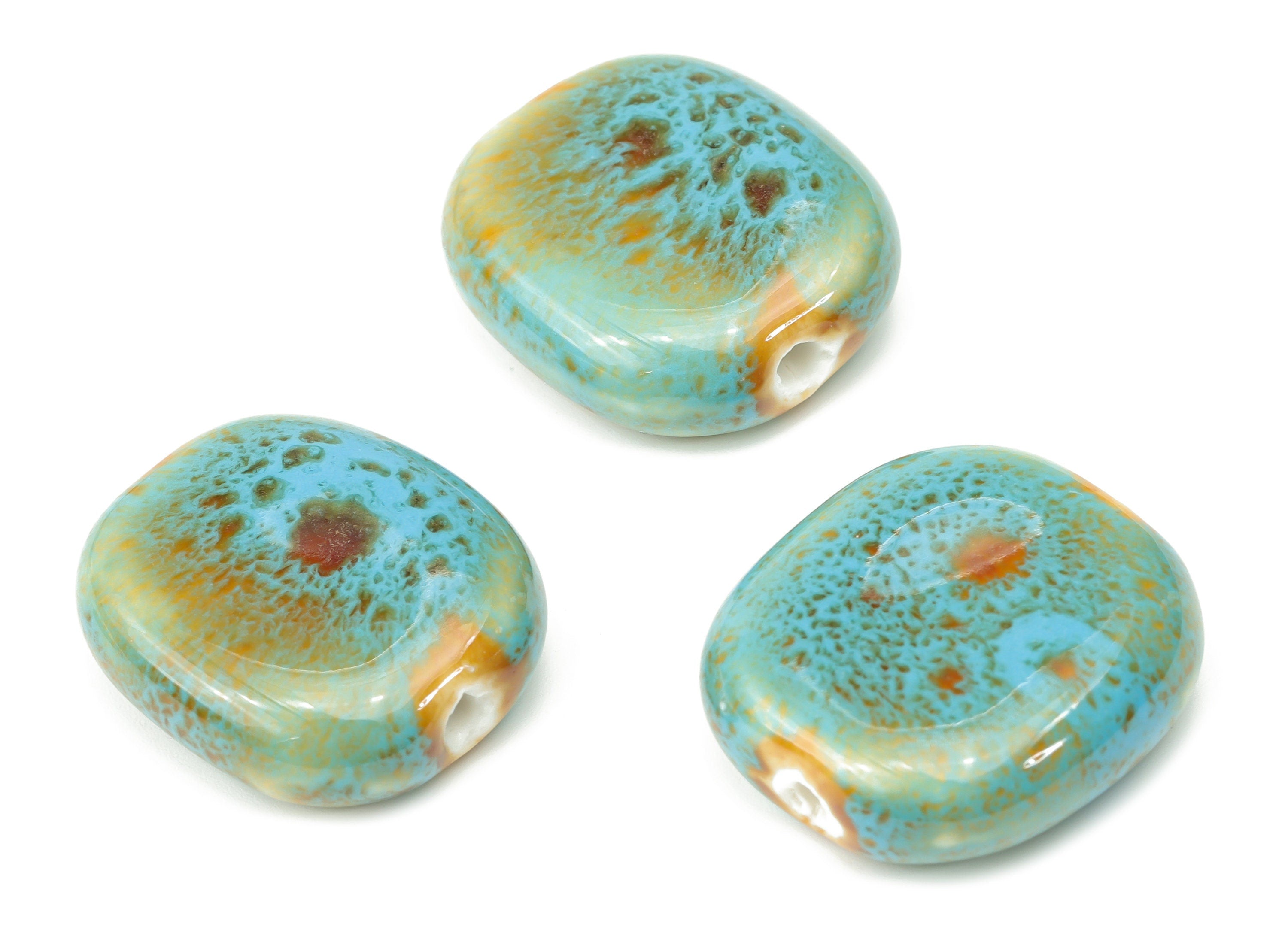 Glazed Ceramic Flat Beads - Carved Flat Beads - Handmade Beads - Bracelet Making Beads - Connectors Beads - 23.74x21.32x8.43mm - NS1790 - DOMEDBAZAAR